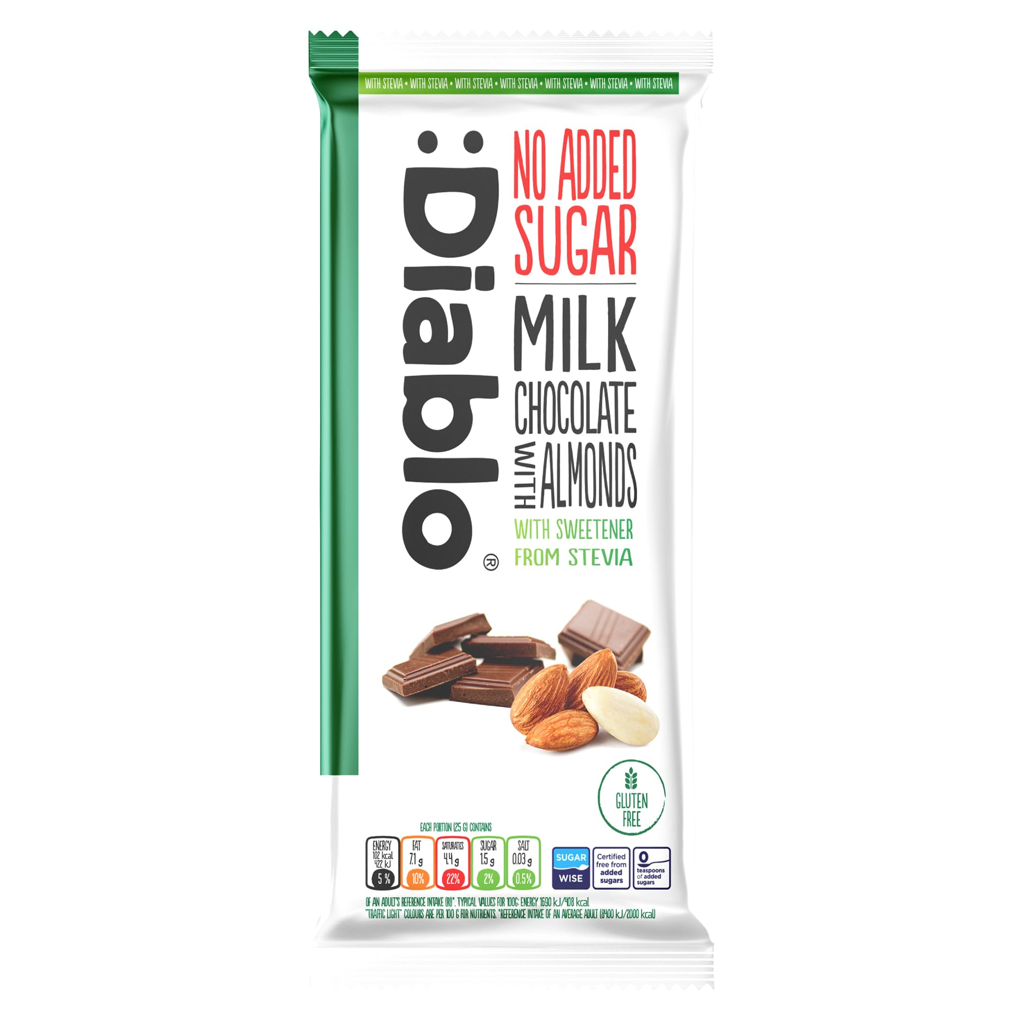 Diablo No Added Sugar Chocolate Bar – Milk Chocolate with Almonds, Sweetened with Stevia, Gluten Free, Ideal for Any Occasion, Birthdays, Valentines, or Gift Hampers, 75g (Pack of 1)