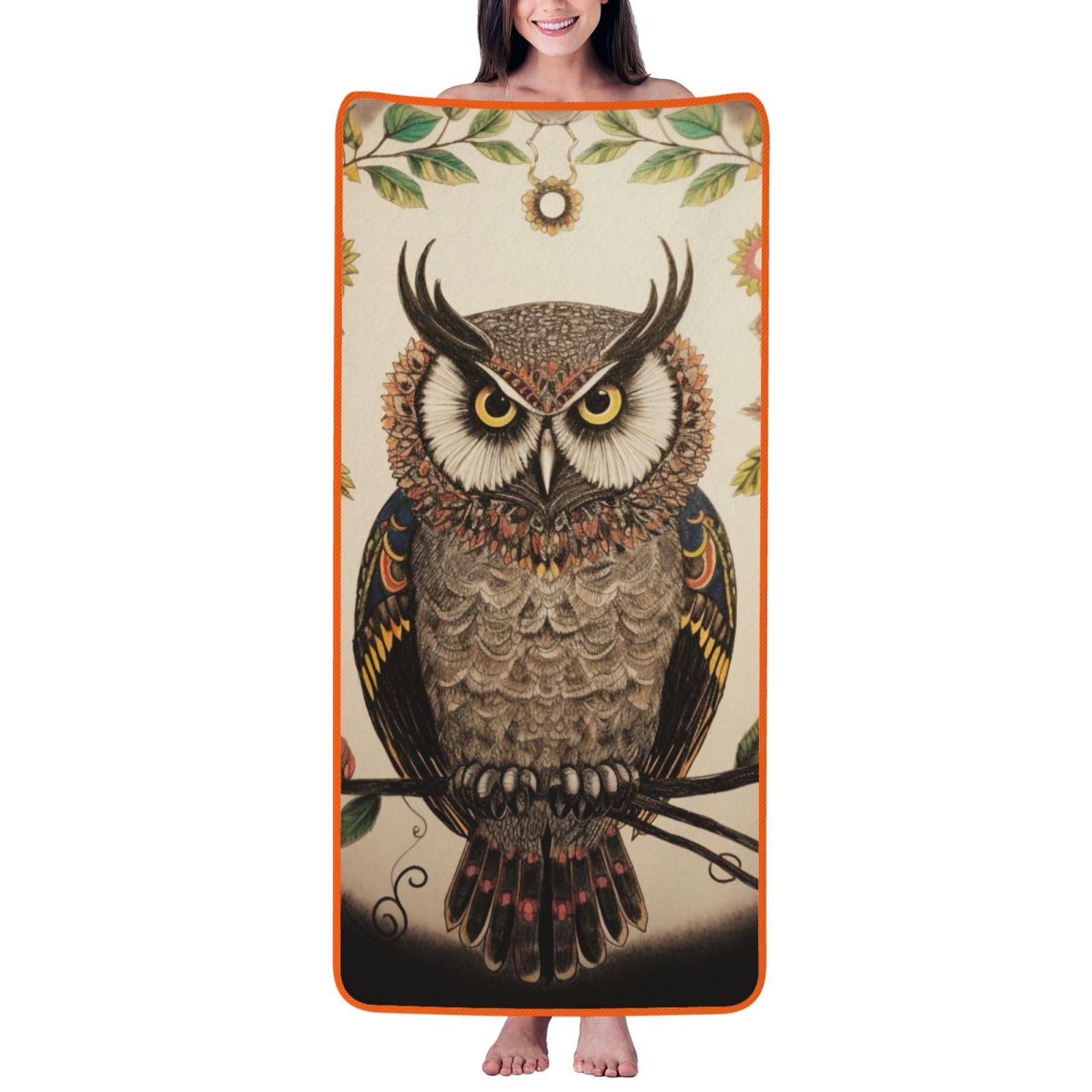 WPKJU Owl Beliefs Printed Bath Towel with Orange Edging - 27x55 in Soft Extra Absorbent Coral Velvet Shower Towels for Bathroom