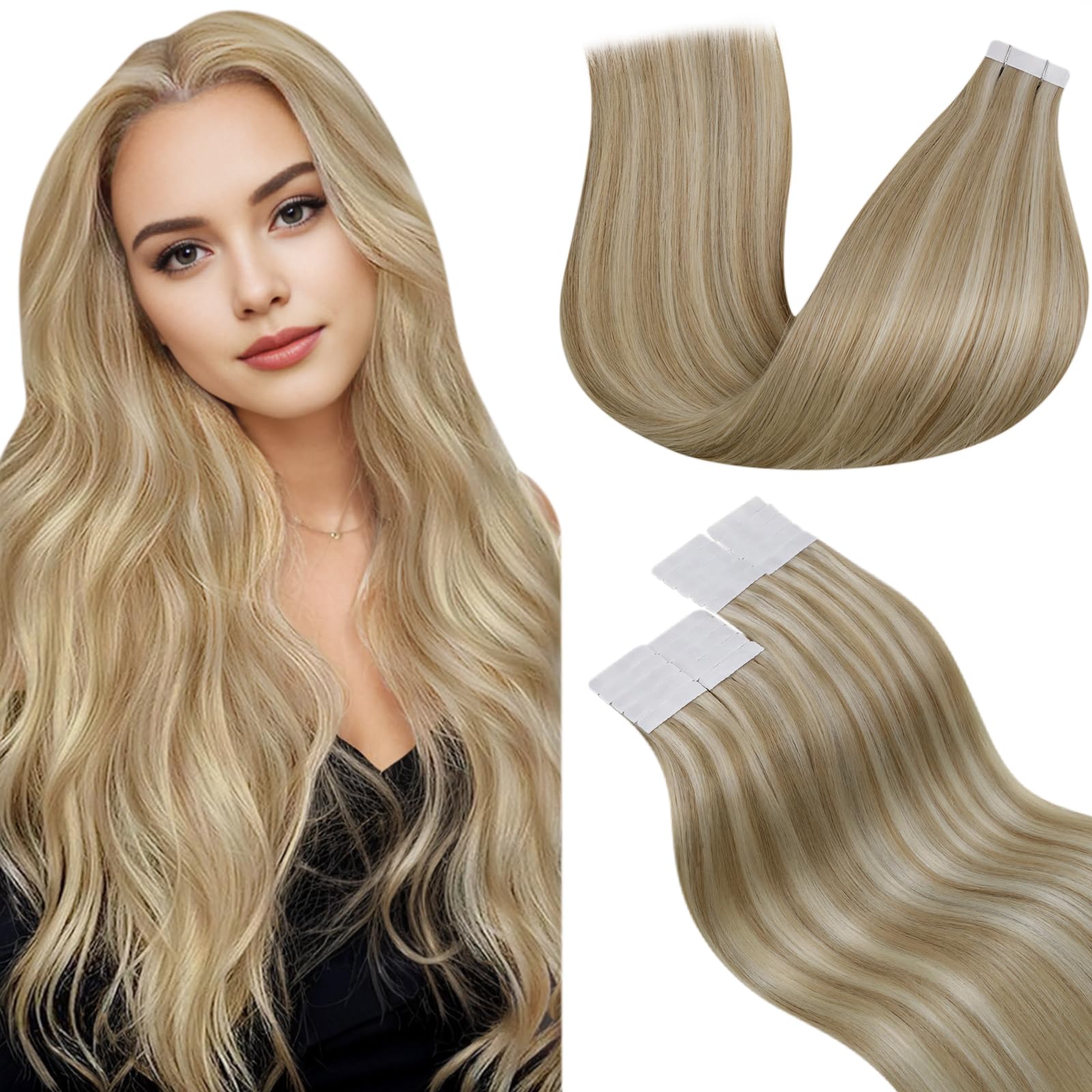 LaaVoo Extension Capelli Veri Biondo Balayage Naturali Marrone e Highlight Biondo Extension Biadesive Capelli Veri Lisci Remy Tape in Hair Extensions 20pz 50cm 50g #12/24