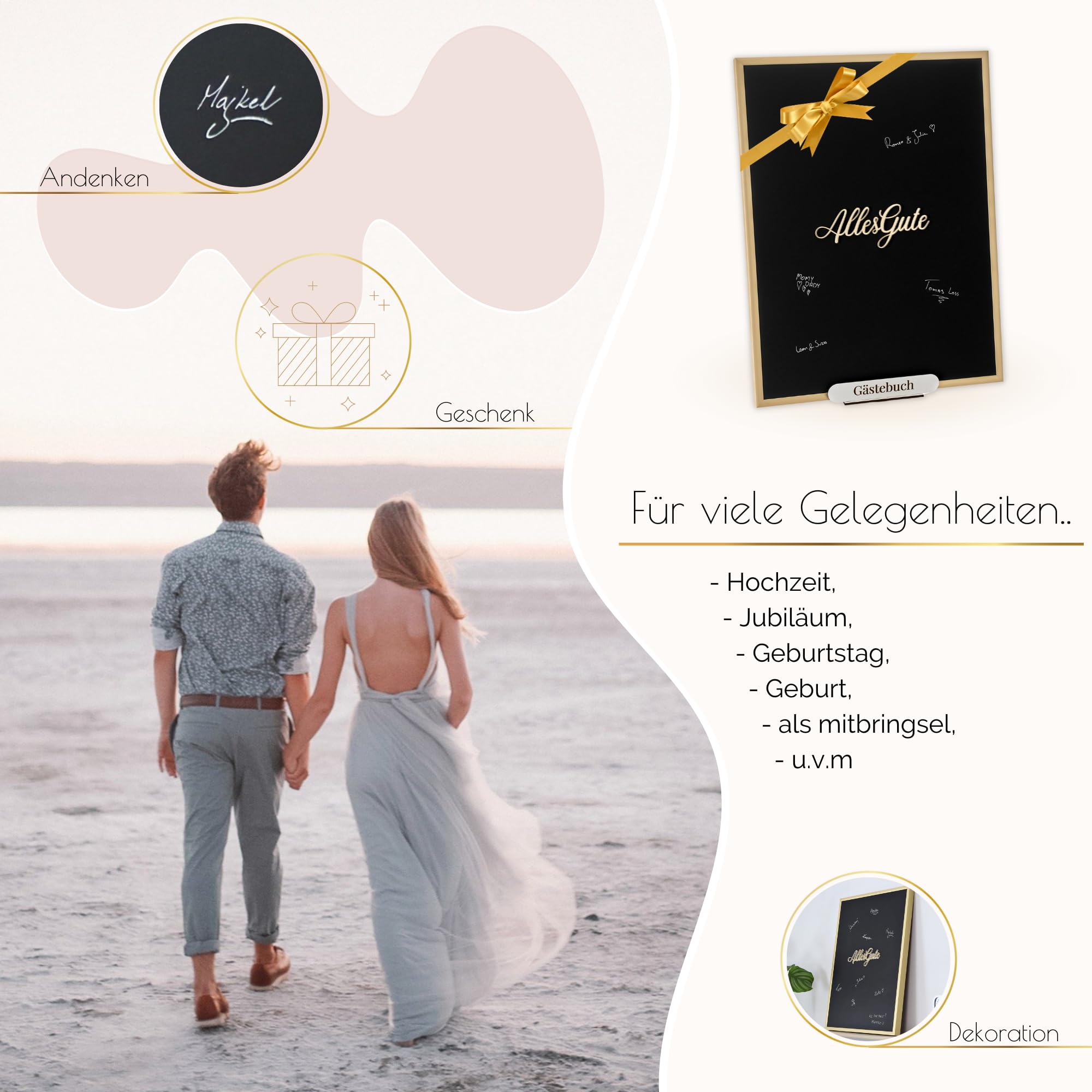 Libro de visitas para boda, marco de aluminio dorado, libro de visitas alternativo, boda dorada, juego de decoración de boda, idea de regalo, regalo de boda, firmas de invitados en marco, regalo de