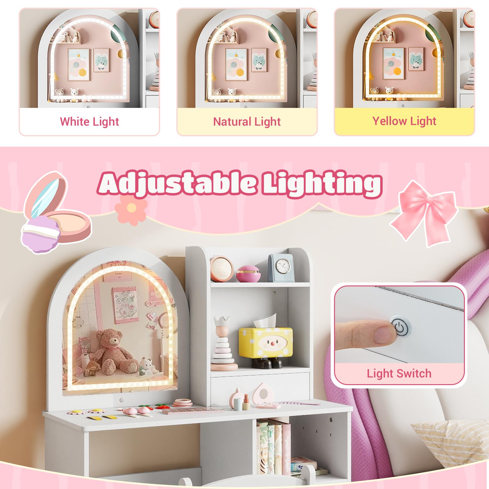 LIFEZEAL Specchiera Trucco per Bambina 3+Anni, con Luci, Sgabello, Sedia, Toeletta Tavolo da Trucco, Postazione Make up, Toilette, Vanity, con Cassetti, Scomparti Aperti, per Cameretta (bianco)