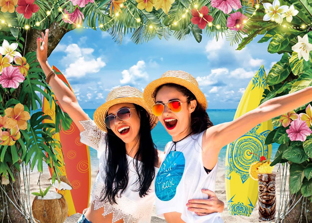 3x2m Sfondo Spiaggia estate hawaiano tropicale foglie di palma fiori tavola da surf cielo blu fotografia sfondo matrimonio baby shower compleanno Luau Party decorazione Photo Booth Props