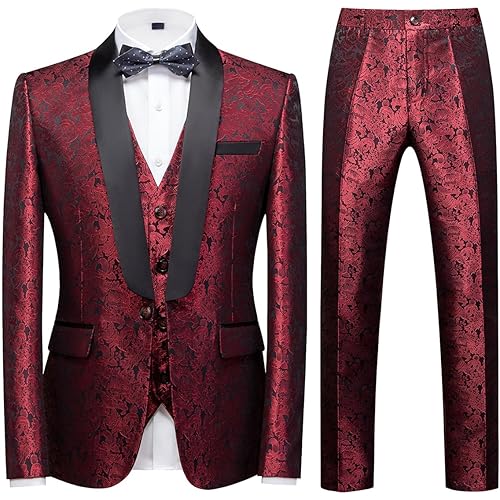 KUDORO Mens Suits Slim Fit 3 Piece Tuxedo Suit Set for Prom Wedding Party Paisley Jacket Vest Pants Homecoming Outfit