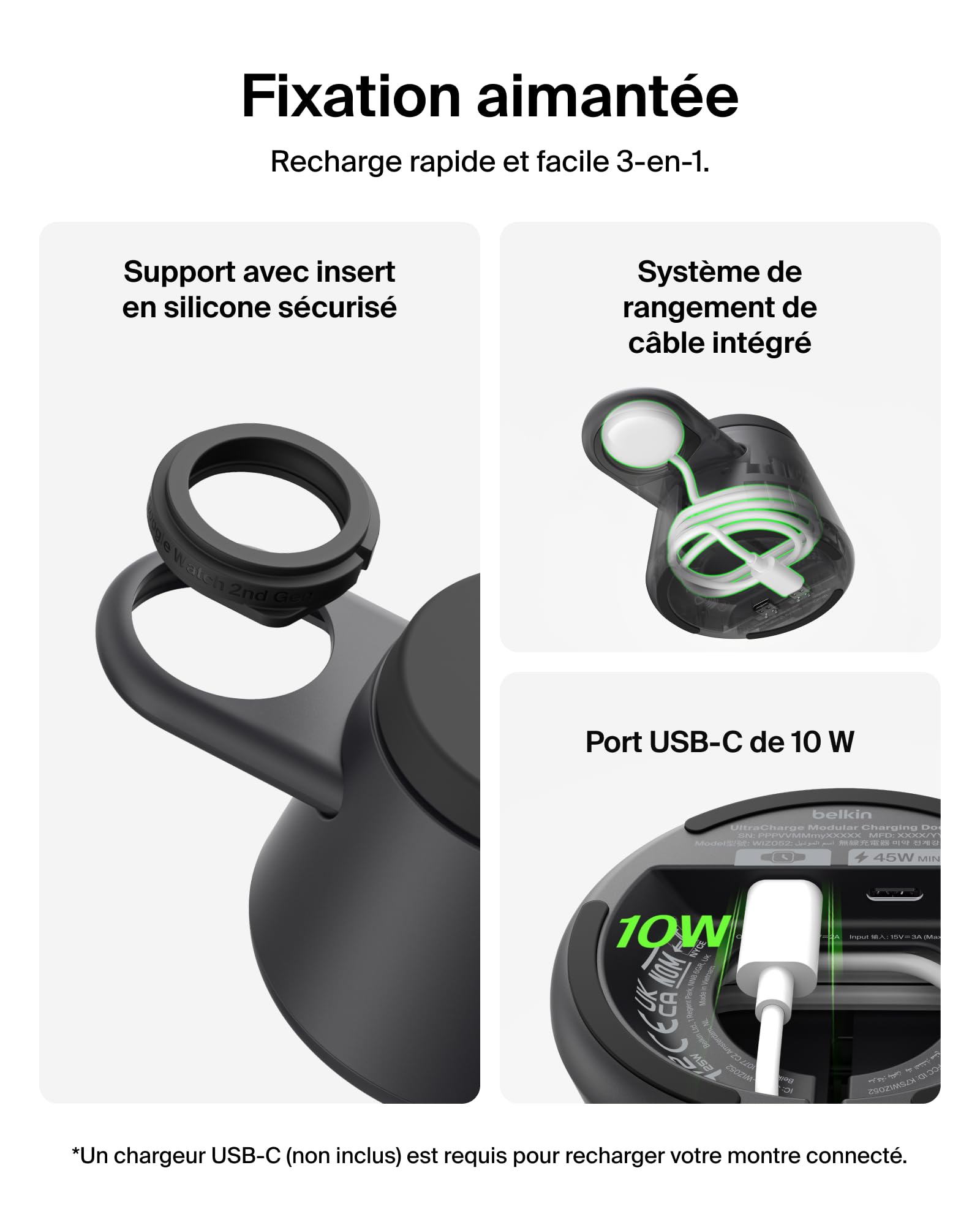 Belkin UltraCharge Station sans Fil 3-en-1 avec Qi2, 25 W - Noir | Chargeur Magnétique Qi2.2, USB-C, Chargeur Sans Fil Pour iPhone, Galaxy, Écouteurs, Montre Connectée, Adaptateur Secteur 45 W