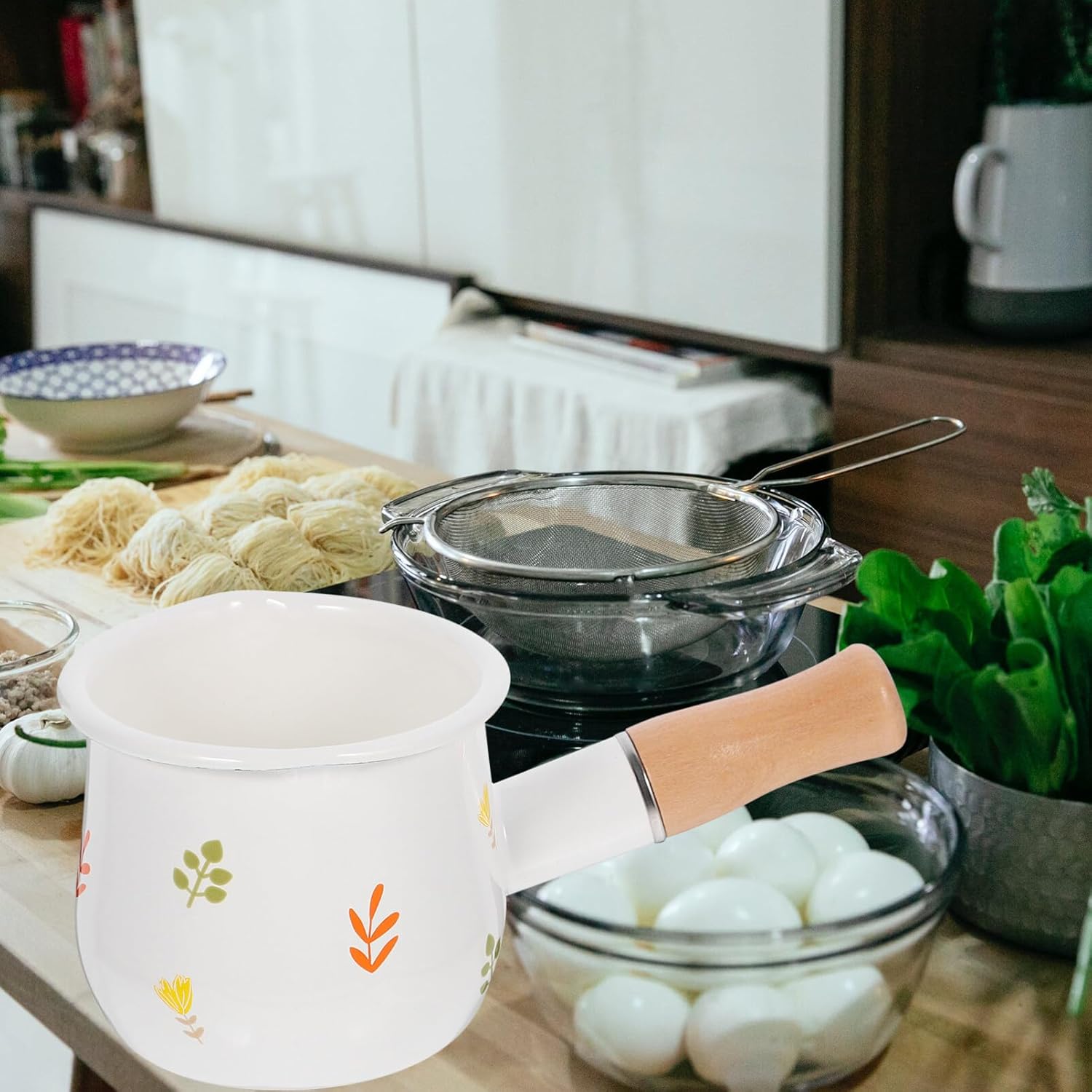 Enamel Sauce Pan with Handle Small Pot with Handle Enamel Cookware Pan with Nonstick Sauce Butter Melting Pot Small Sauce Milk Heating Pasta