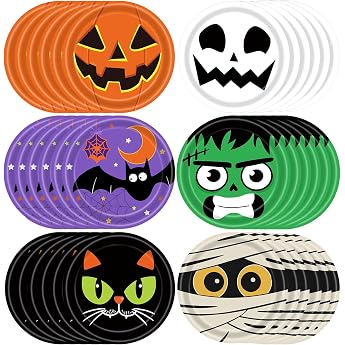 Pack of 60 Halloween Party Plates 7 Inches/18 cm Round Halloween Party Tableware Plates Ghost Pumpkin and Bat Party Plates Halloween Party Supplies Decoration Table Decorations