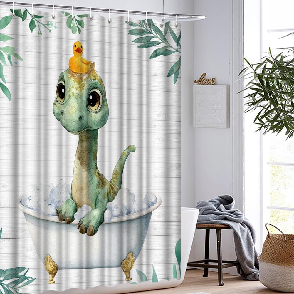Cute Dinosaur Shower Curtain 72x72 Green Baby T-Rex in Bathtub Bathroom Decor