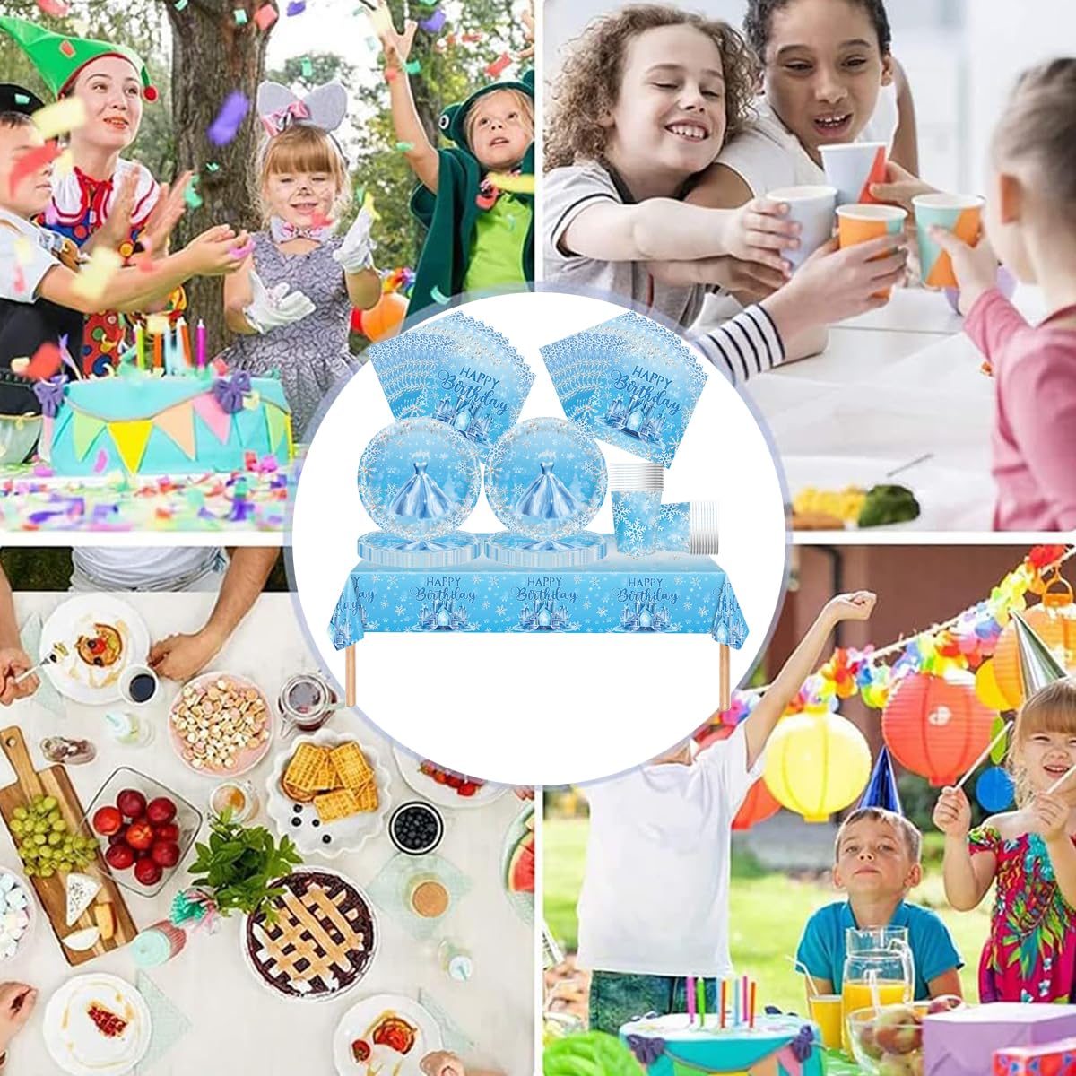 Frozen Stoviglie per feste, 61 pezzi Castello di ghiaccio Stoviglie per compleanni per bambini, Fiocchi di neve Set di piatti di carta per feste, Compresi bicchieri, tovaglioli e tovaglie
