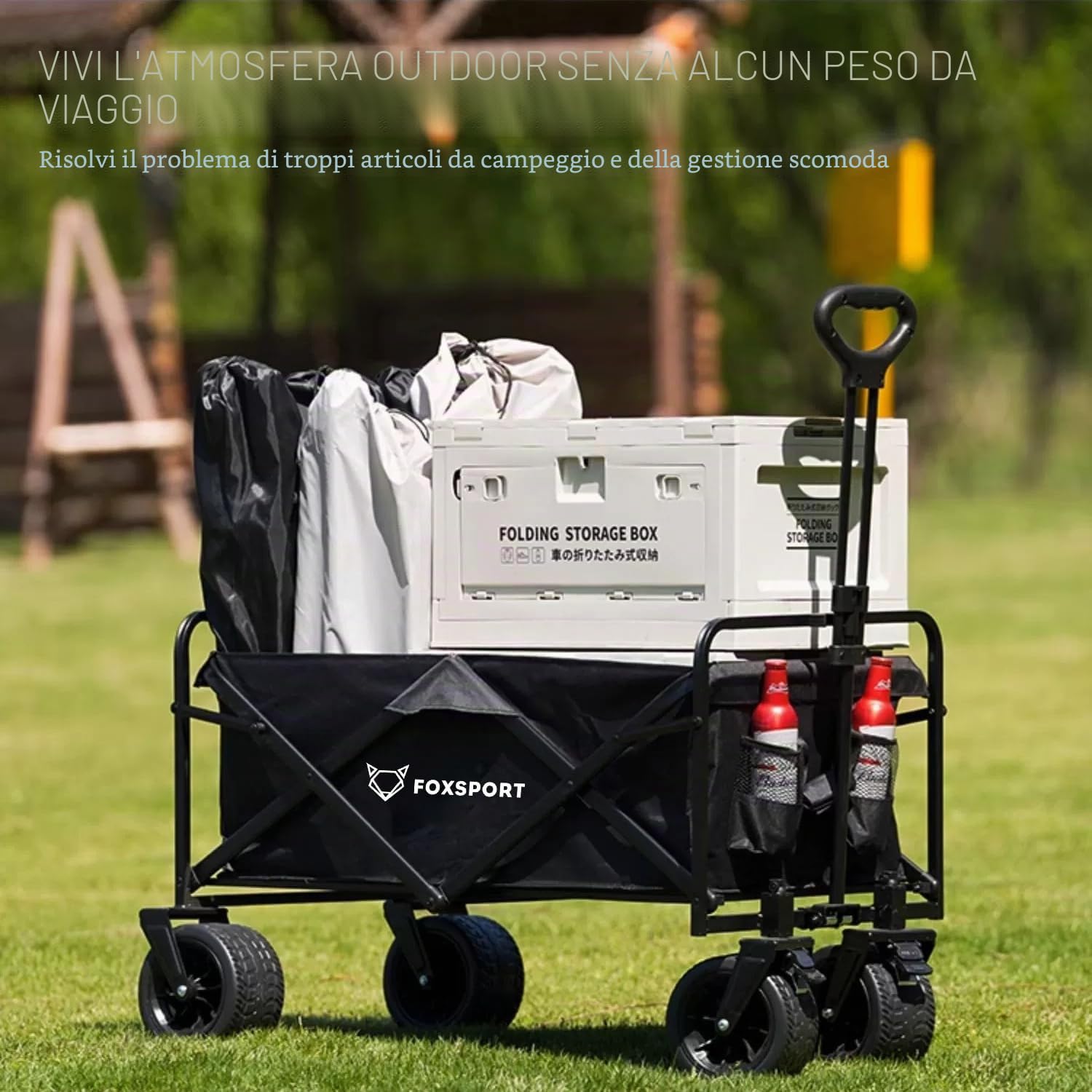 K IKIDO Carrello pieghevole a mano, per il trasporto, da spiaggia con ruote grandi, grande capacità, manico regolabile, per campeggio, shopping all'aperto, portata 100 kg (nero)