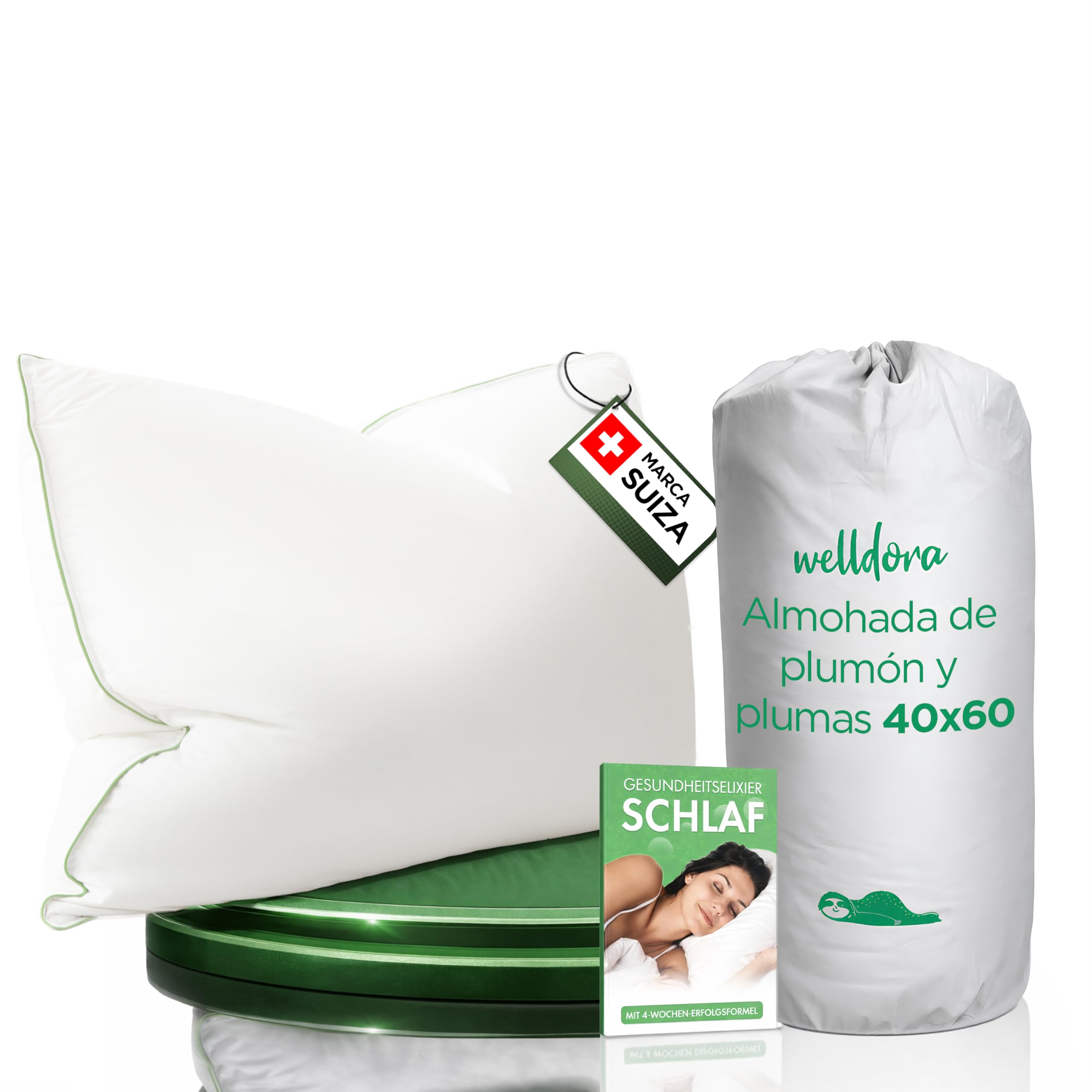 Welldora Almohada Plumas y Plumón Lujo 40x60 | Almohada Cervicales y Cuello Firmeza Media 3 Cámaras | 100% Plumón y Plumas Naturales | Médicamente Probada, Oeko-Tex, Hipoalergénica, Certificado RDS