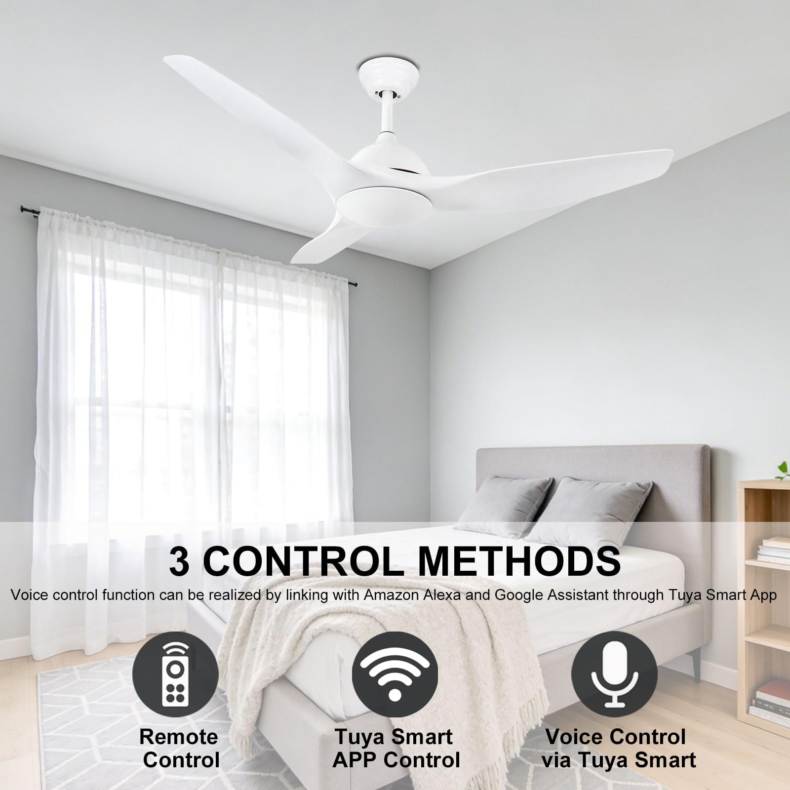 Ventilatore da soffitto a Basso Profilo da 52 Pollici Senza Luce, Bianco, Silenzioso, Ideale per Camera da Letto, Stile Rustico, Patio, Interni, Moderno, Intelligente, con telecoma