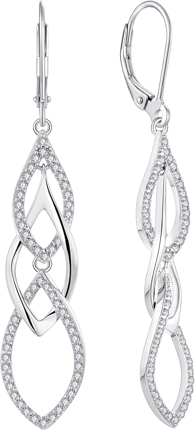 YL 925 Sterling Silver Teardrop Dangle Drop Earrings Cubic Zirconia Interlocked Jewelry for Women