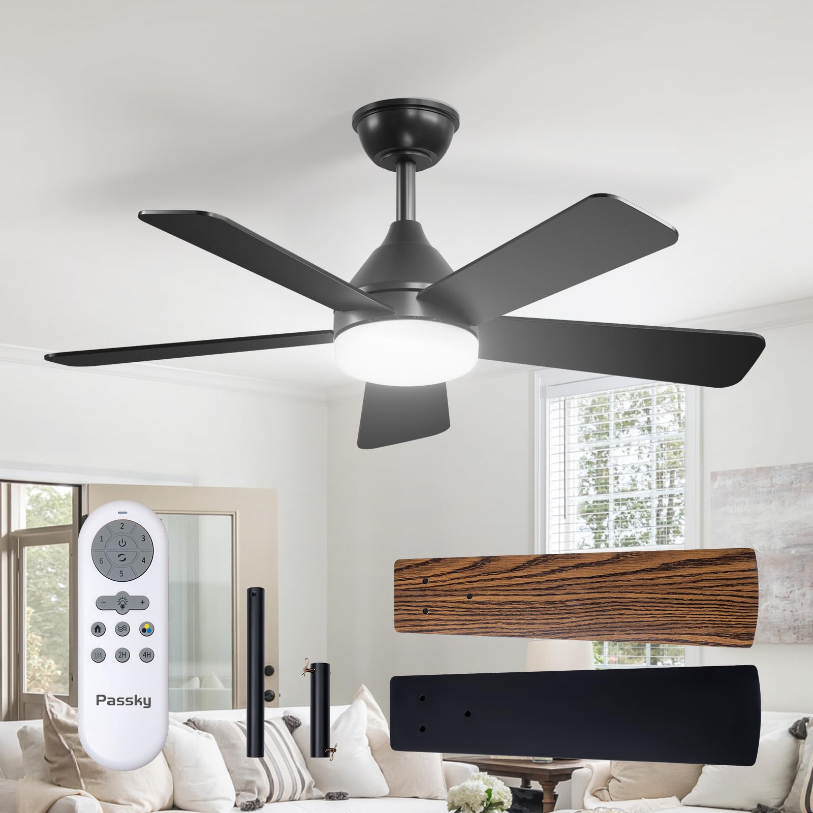 Photo 1 of Passky Ceiling Fans with Lights, 42 inch Sleek Ceiling Fan with Light and Remote Control, 3CCT, Dimmable, Reversible, Noiseless, Black Ceiling Fan for Bedroom, Living Room