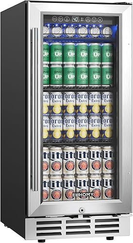 EUHOMY 15 Inch Beverage Refrigerator Cooler Under Counter 127 Cans Beverage Fridge Built-in or Freestanding with Glass Door, LED Light, Beer Fridge