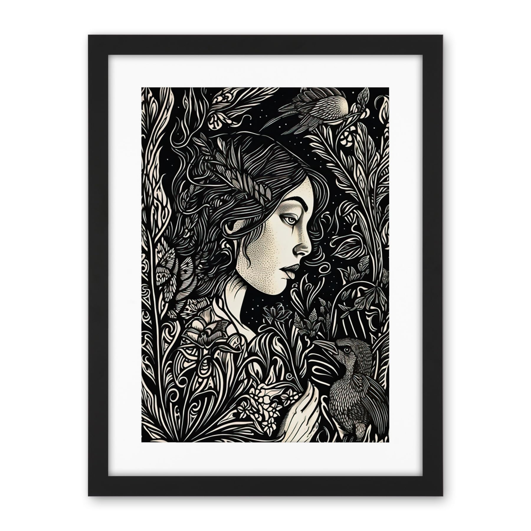 Artery8 Woman with Crow in a Field Black and White Linocut Artwork Framed Wall Art Print 18X24 Inch
