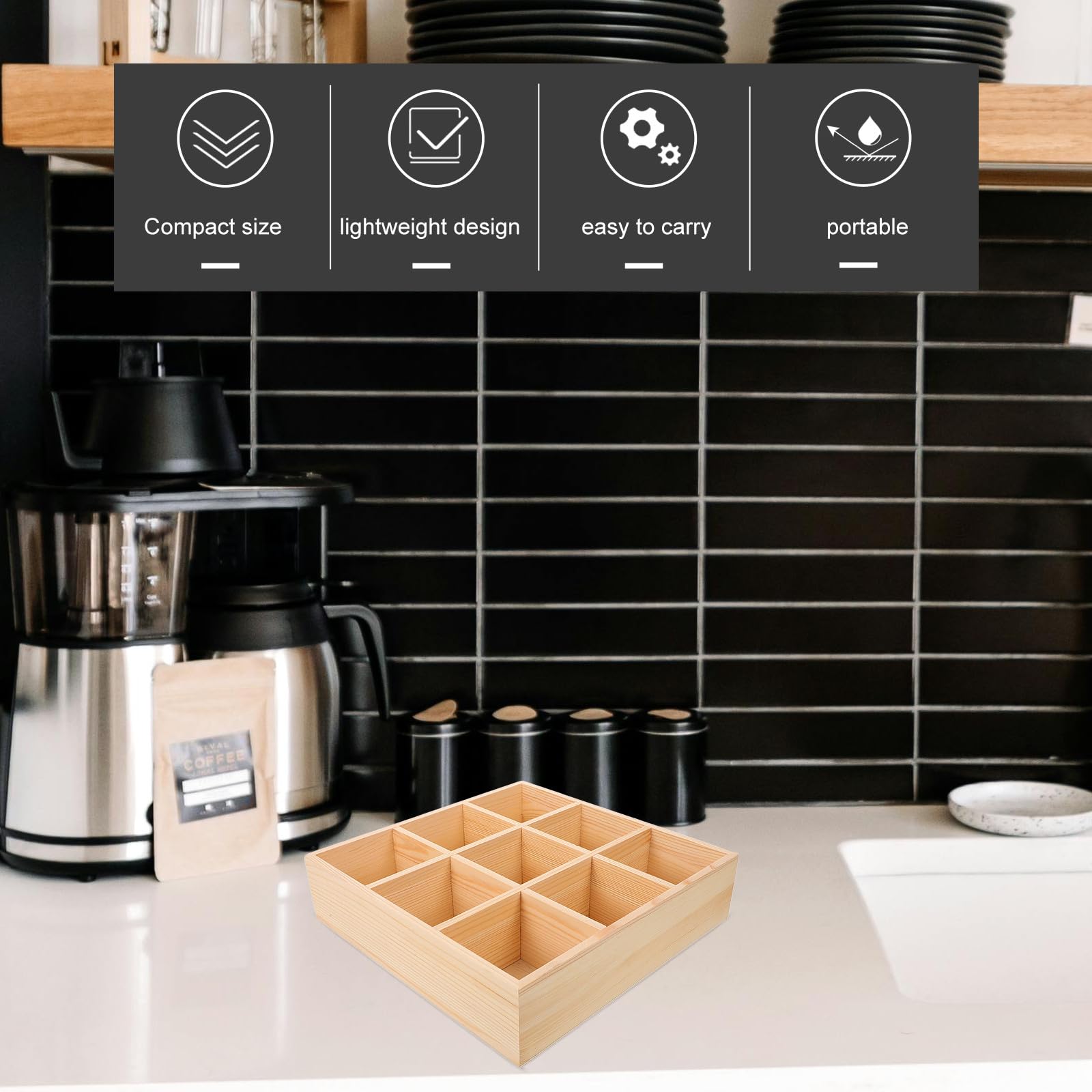 Caja de Madera Beige 9 Compartimentos para Almacenamiento y Organización de Bolsitas de Té y Paquetes de Azúcar, Resistente y Adecuado para Cocina o Patio