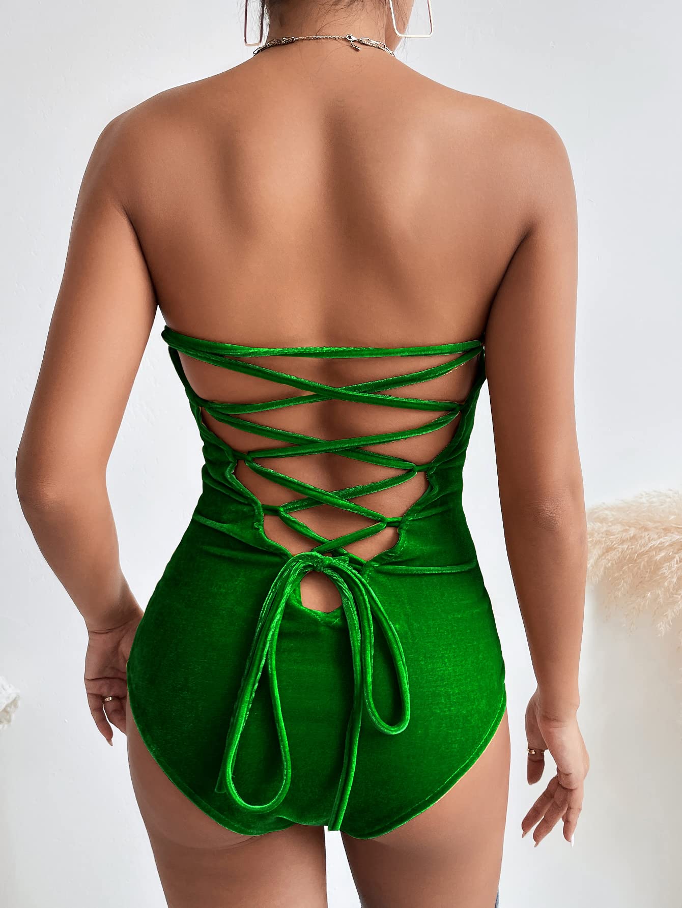 Frauen Burgunderrot Bandeau Back Lace Up Samt Bodysuit