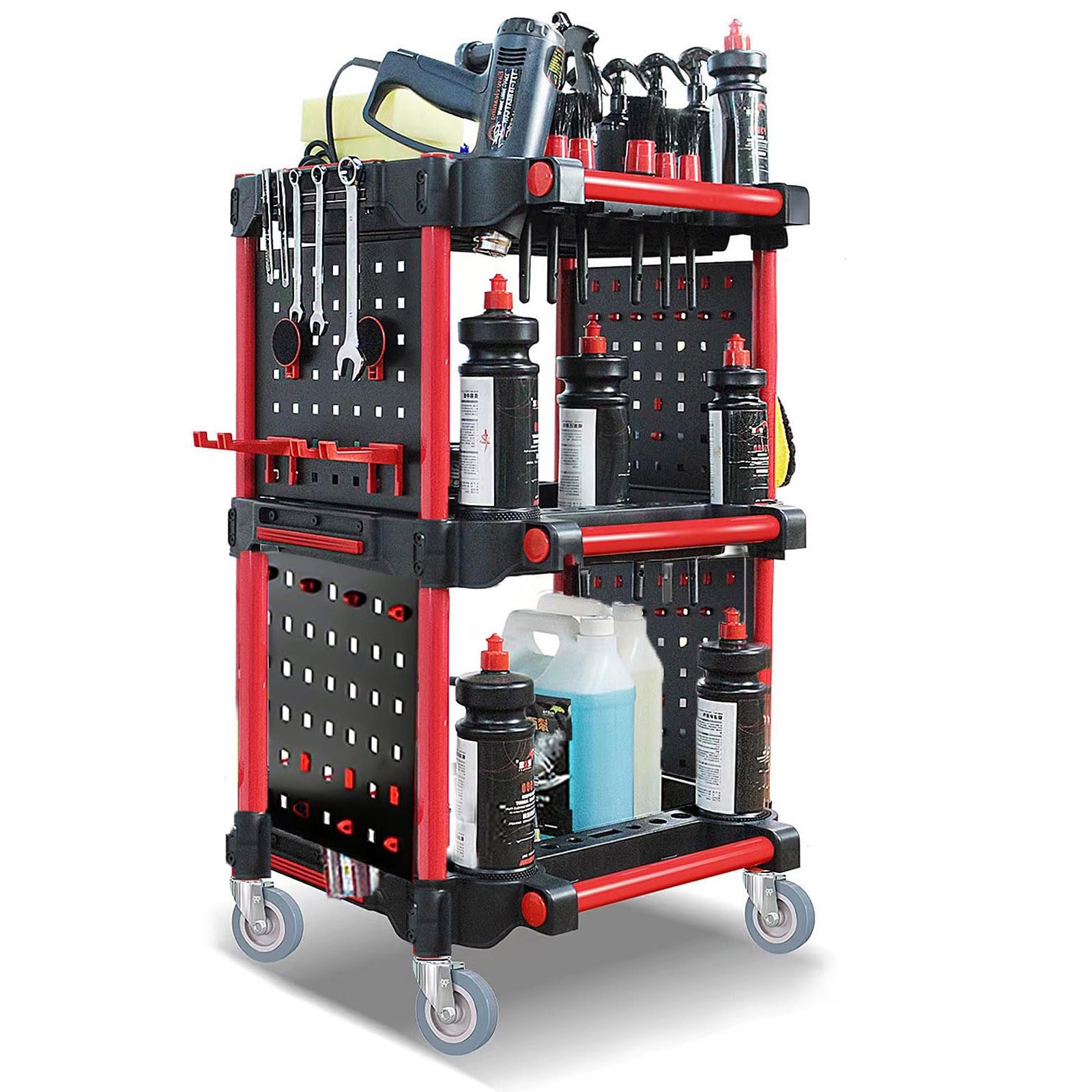 Cleaning Trolley Heavy Duty Tool Trolley on Wheels, 3-Tier Rolling Tool Cart for Auto Wash & Repair, Car Detailing, Warehouse Mobile Service Cart, for Workshop, Garage, Tool Storage, 200KG Capacity