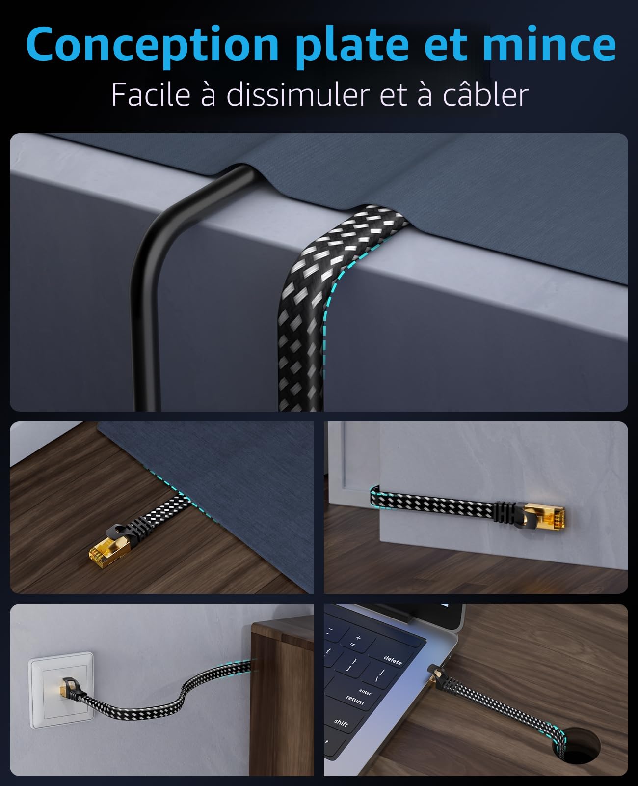 ARISKEEN Cat 8 Câble Ethernet 10M, Cat8 Tressé Plat Haut Débit 40Gbps 2000Mhz/s Gigabit Rj45 STP Câble Blindé Réseau Lan