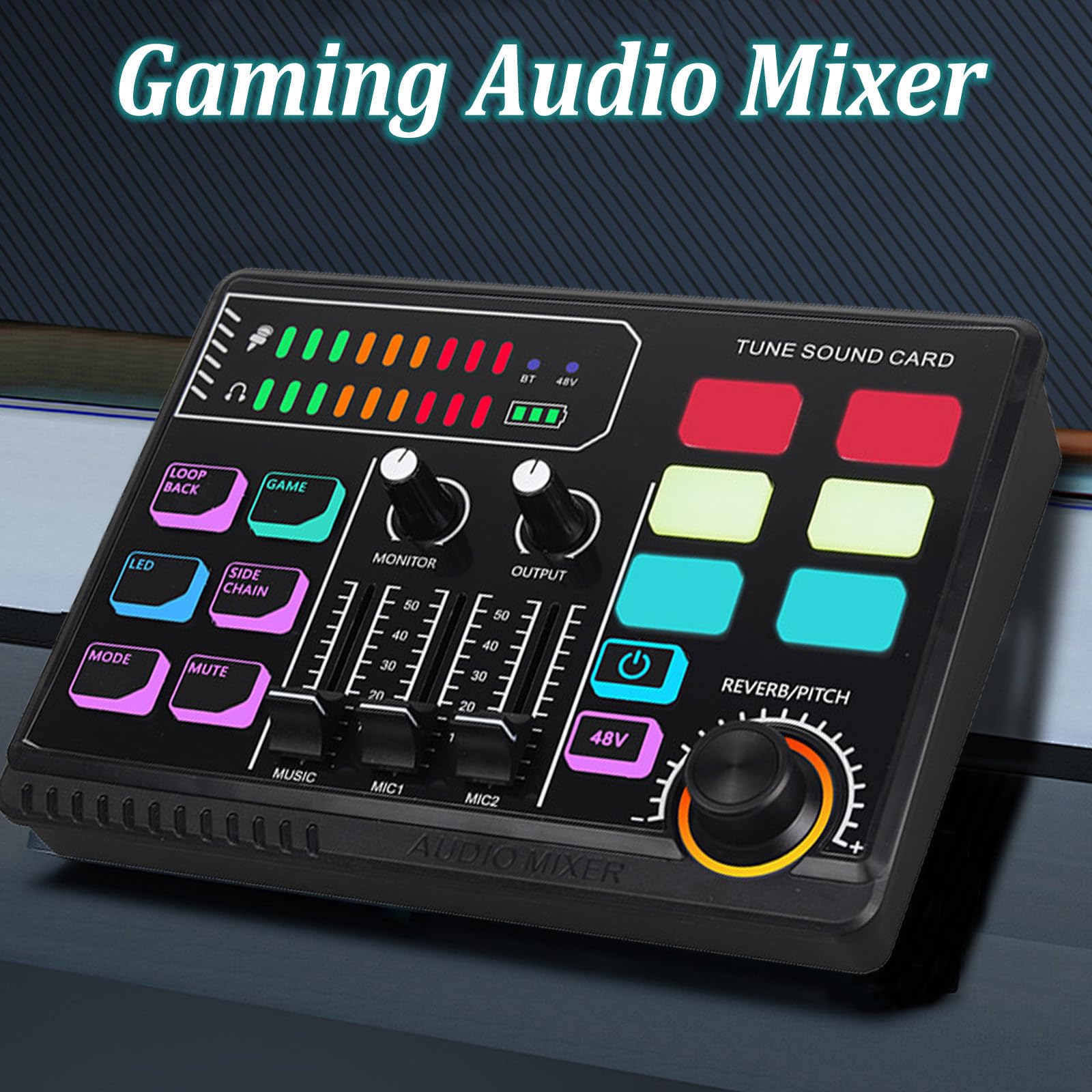 Mixer audio da gioco con 48 V Phantom Power, RGB PC mixer per streaming, mixer RGB per microfono XLR, mixer audio per PC/Phone/Gamer Creators/Live/YouTube/Personalizzato