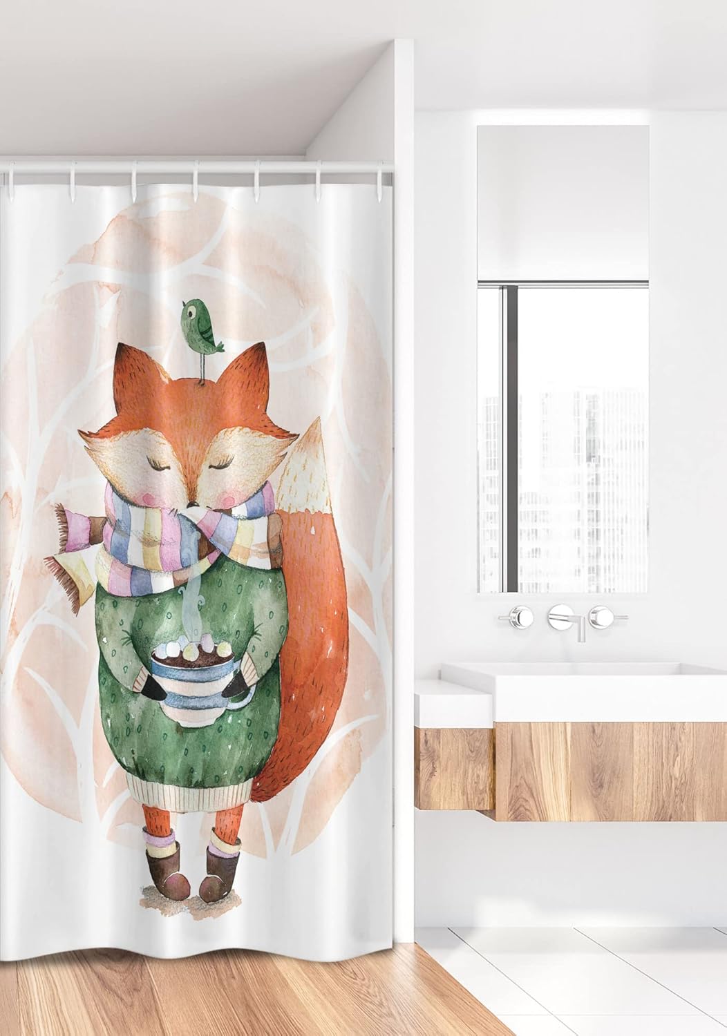 Ambesonne Animal Stall Shower Curtain, Little Fox and Bird on His Head Tea Time Friends Theme, Fabric Bathroom Decor Set with Hooks, 36" W x 72" L, Orange Green