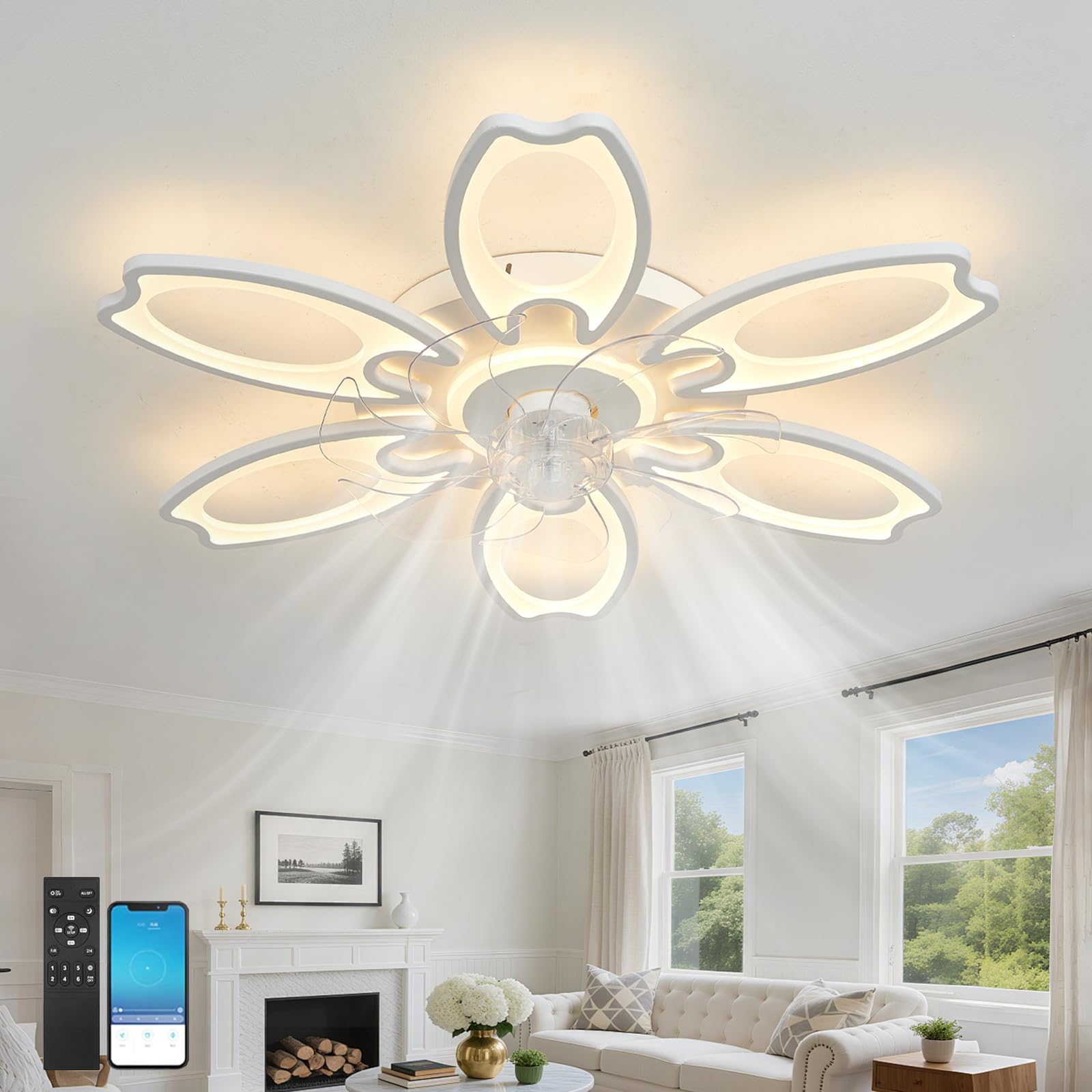 SXDMOUBK 118W Ceiling Fan Light with Remote,Quiet Timer Flower Fan Lights Ceiling for Bedroom Dimmable,Memory,White Fan Light Modern,6-Speed Reversible for Living Rooms Children's Room