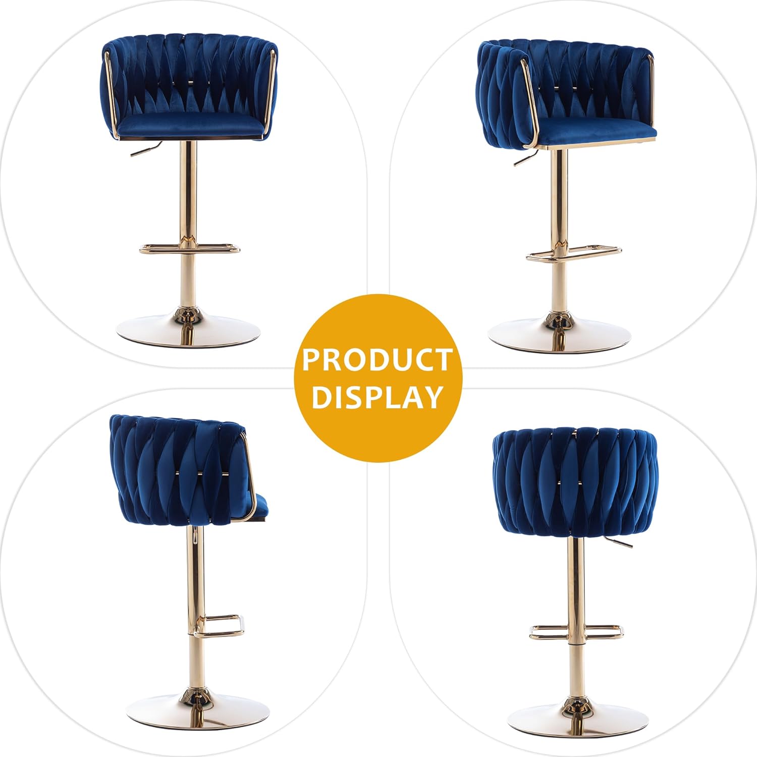 Velvet Bar Stools Set of 2, Swivel Counter Height Barstools with Golden Base, Woven Upholstered Barsools for Kitchen Island, Dining Room, Blue