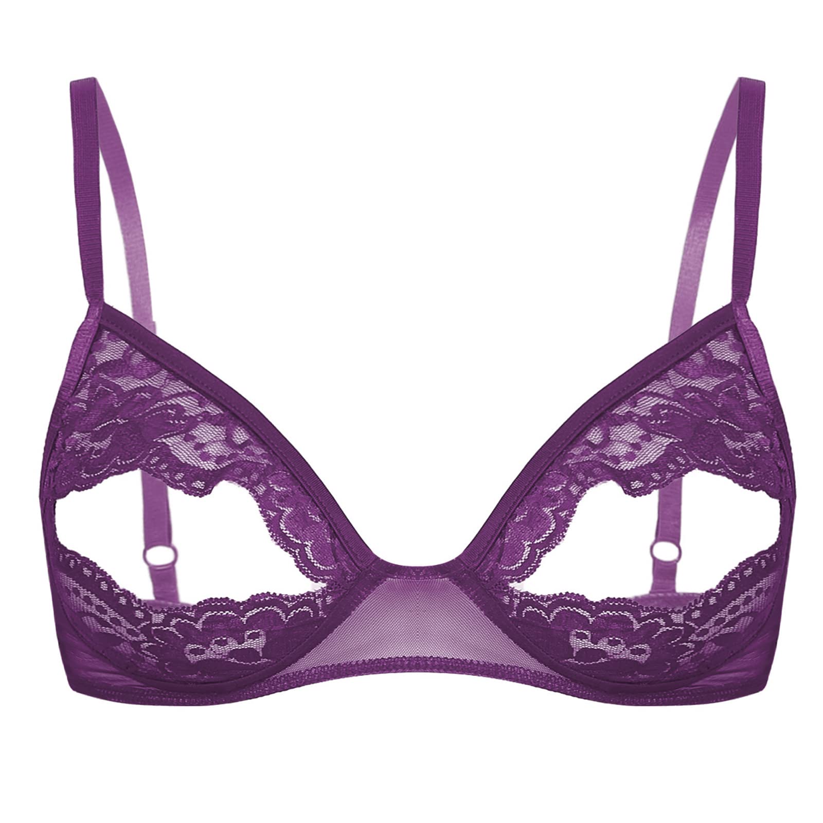 TiaoBug Damen sexy Dessous Erotik BH Bra Frauen Reizvolle Oberteil Reizwäsche Transparente Spitze Unterwäsche Offene Brust Verführerische Lingerie Violett L