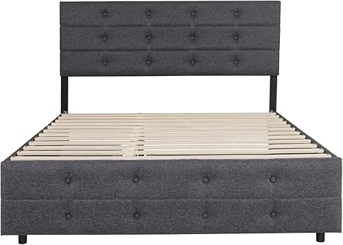 Miniatura 3 de DNYN Cama de plataforma tapizada tamaño Queen con nido y 2 cajones para niños y adultos, marco de cama de madera maciza, muebles de tela de lino con