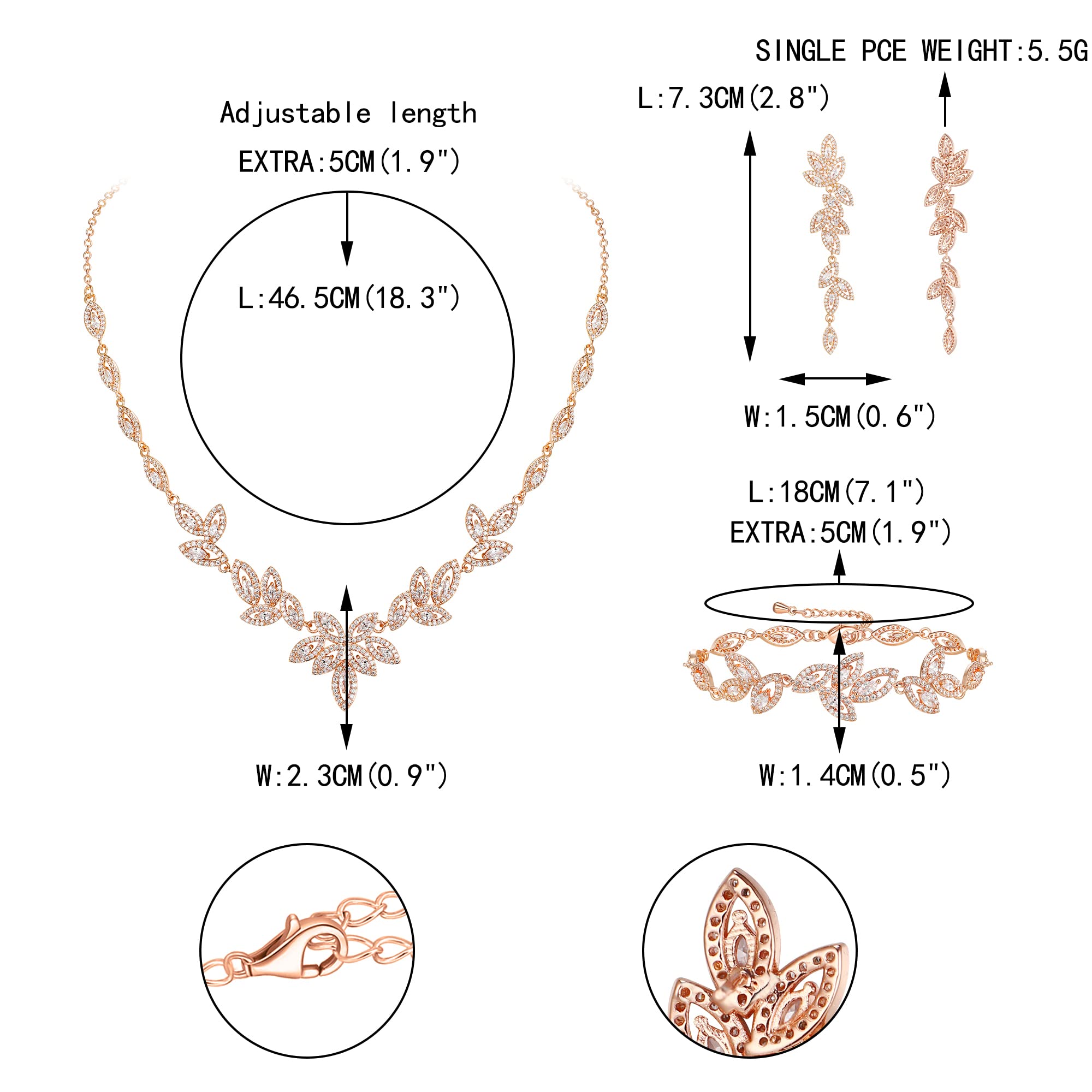 EVER FAITH Zirconia cubica Set di gioielli da sposa per la damigella d'onore, elegante collana di foglie marquise Orecchini pendenti Bracciale Set per donna