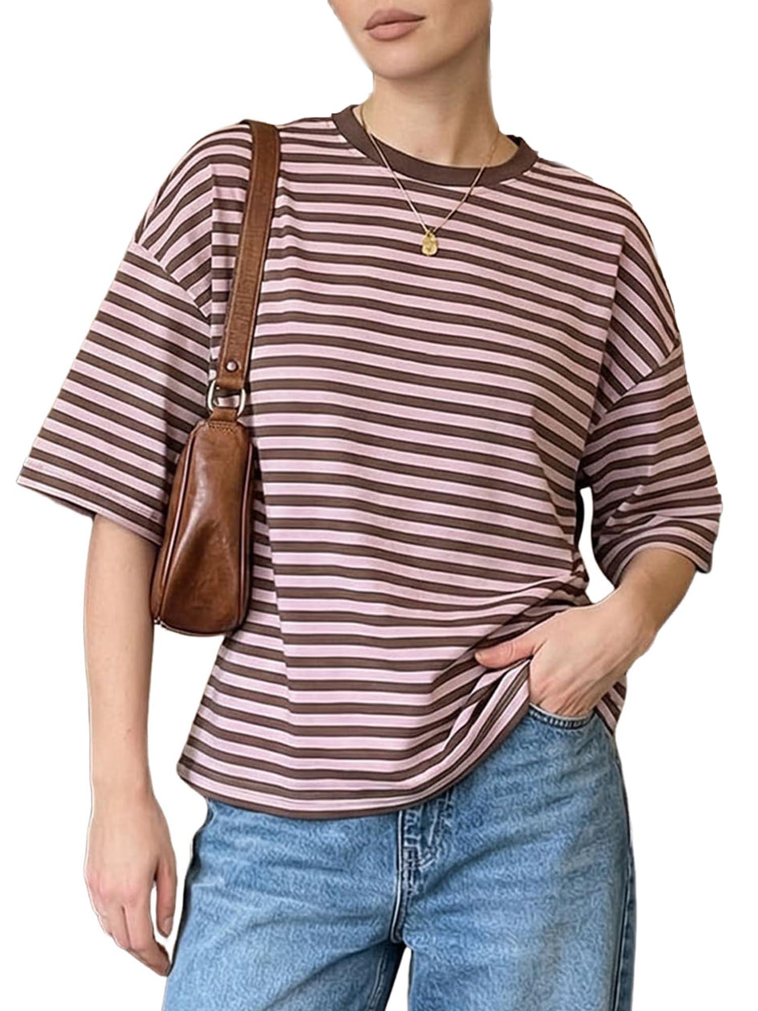 Anuedgis Women Oversized T Shirt Casual Drop Shoulder Loose Fit Stripe Top (A-Pink, M)