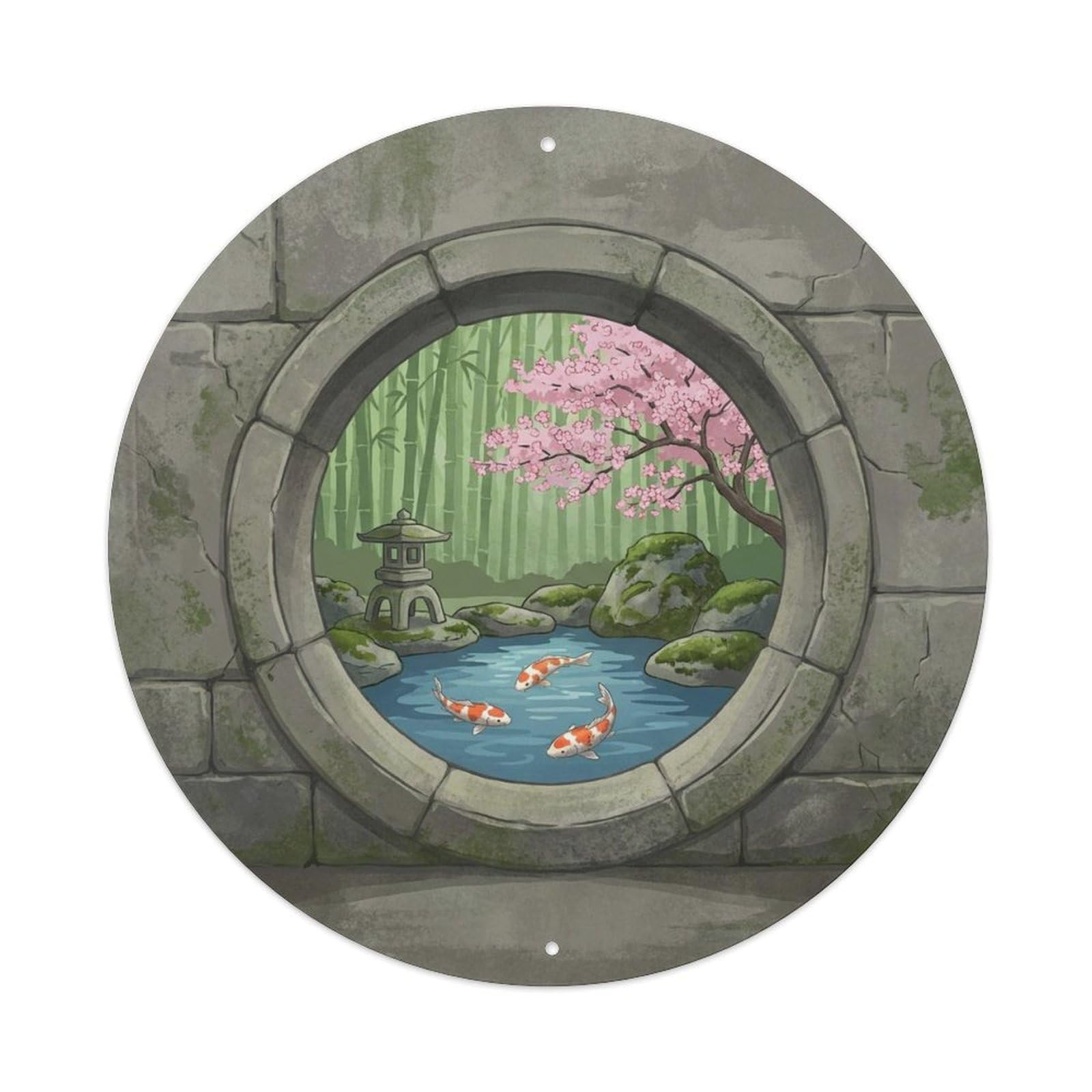 Koi Garden Vintage Landscape Pond Water Reflection Metal Tin Sign Plaque Wall Decor for Cafe, Man Cave, Club Bar, Office, Home Garden Round Metal Poster 8x8Inch