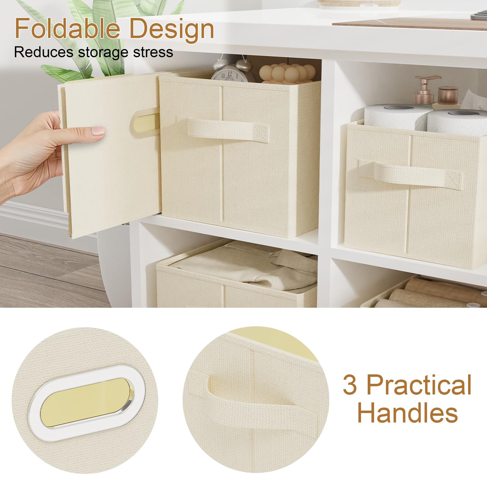 Scatole di Stoccaggio con Maniglia, Organizer Armadio Aperto, Cesto Portaoggetti in Tessuto Pieghevole, Adatto per Camere da Letto, Soggiorni, Sale Studio, Set di 2, 33x23x20cm, Beige