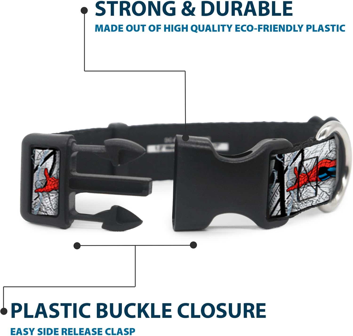 Buckle-Down Dog Collar Plastic Clip Spider Man Action Poses Comic Scenes White Black Red 16 to 23 Inches 1.5 Inch Wide, Multicolor, PC-WSPD039-WM