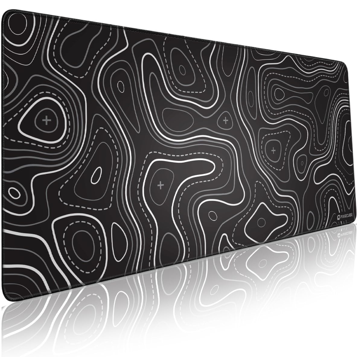 Pixiecube Minimalist Topographic Map Mouse Pad - Contour Extended Large Stitch Edge Mousepad. Black & White Non-Slip XXL Gaming Desk Mat