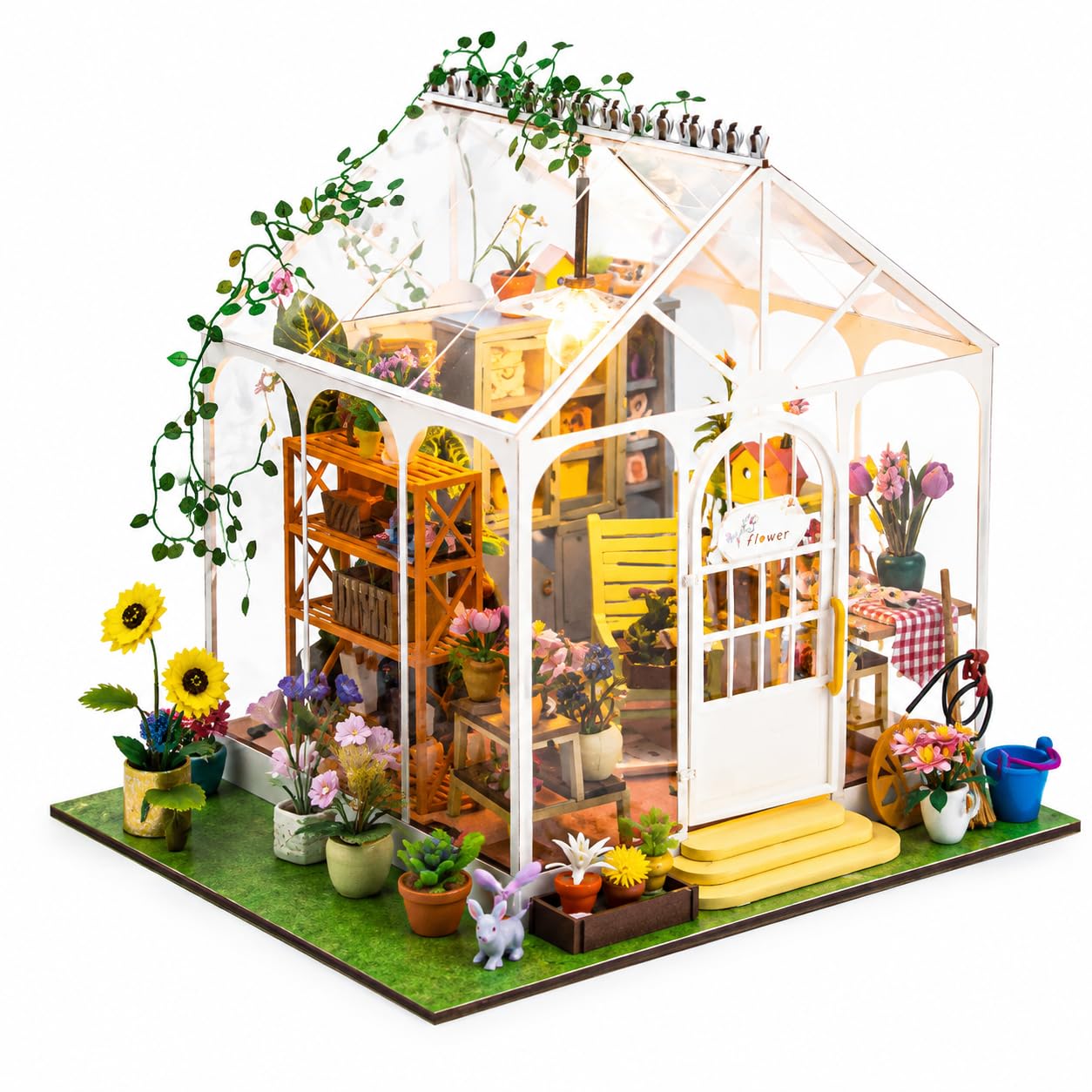 DIY Greenhouse Miniature House Kit with LED Light, Wooden Glasshouse Dollhouse Craft Kit for Adults & Teens, 3D Miniature Model Building Gift & Home Decor Book Nook