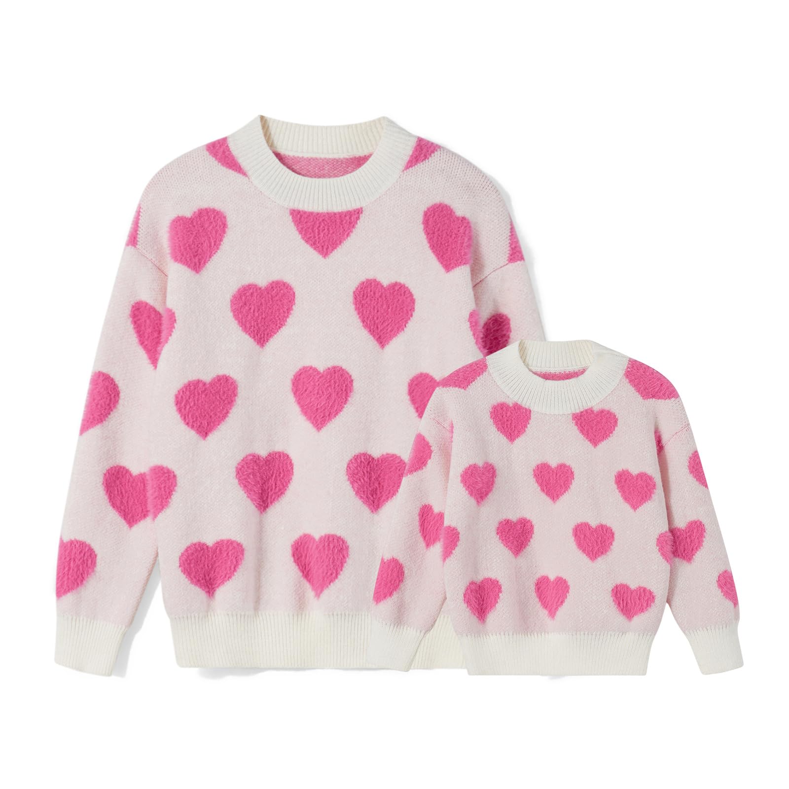 Mommy and Me Valentine's Day Sweaters Crewneck Heart Knit Sweatshirt Pullover Tops Mom and Daughter Matching Outfits(Kid,2-3 Years,Pink)