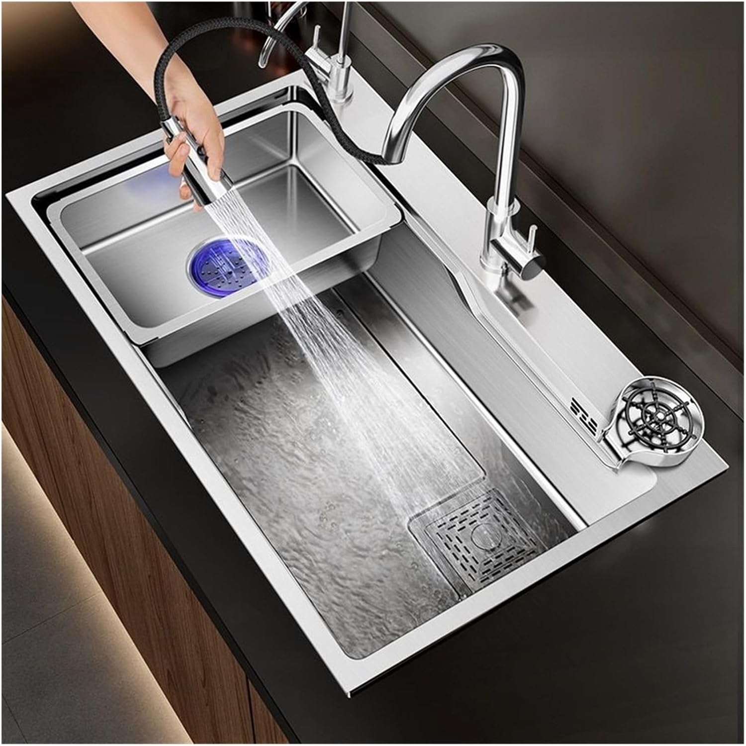 Kitchen Sink Large Single Tank 304 Stainless Steel Side Row Vegetable Wash Basin Household Understage Basin Waterfall Sinks(F1-6845)