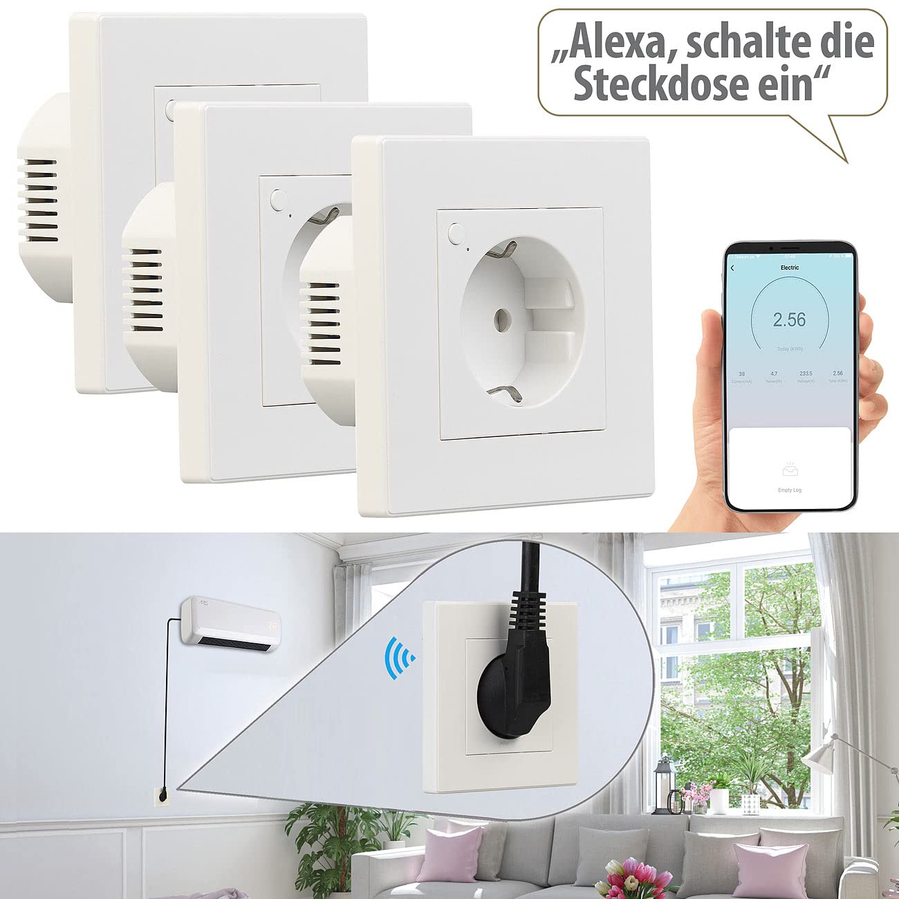 Luminea Home Control Alexa-WLAN-Steckdosen: 3er-Set WLAN-Unterputz-Steckdosen mit Verbrauch-Messung, App, 3.680 W (Alexa Unterputz-Steckdose, Einbausteckdosen)