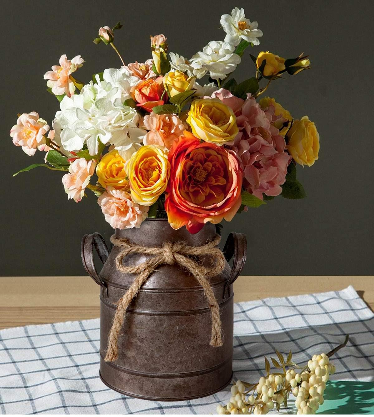 HyFanStr Shabby Chic Metal Flower Vase Rust Painted Decor Milk Can Bucket Country Primitive Jug Farmhouse Decoration Small