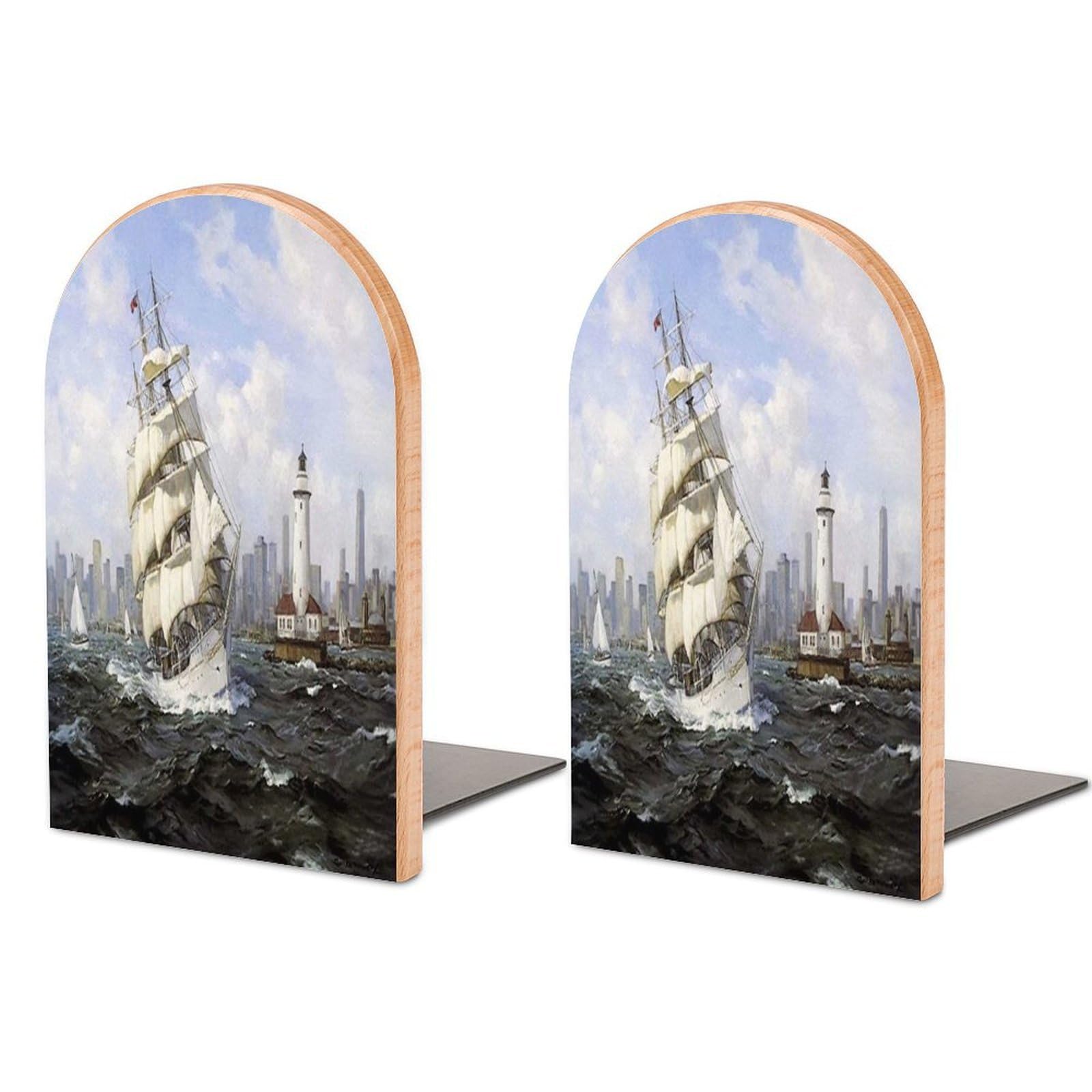 Seascape Sailboat Lighthouse Painting Beech Wood Bookends Heavy Duty Book Organizers Desktop File Holder for Office Home Bookshelf