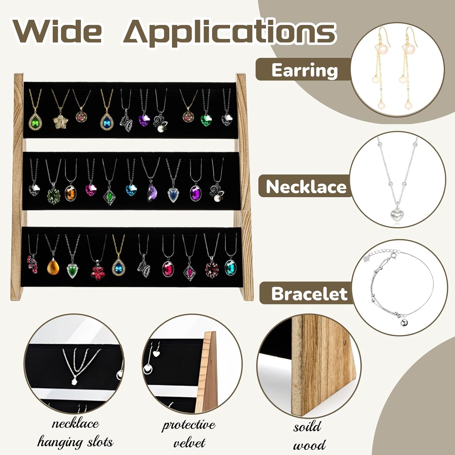 3 Tier Necklace Display Stand, Wood Necklace Holder Organizer with Velvet, 72 Slot Tabletop Jewelry Stand Storage for Selling Bracelets Earring, Home Store Trade Show - Image 4