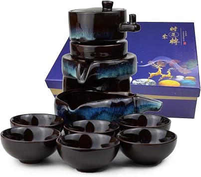 Chinese Gongfu Tea Gift Set, Service Automatic Stone-Mill Design Handmade Ceramics Tea Pot 6 Cups Japanese Kung Fu Tea for Adults Men Women Tea Ceremony Party Home Office Decor colorfuly