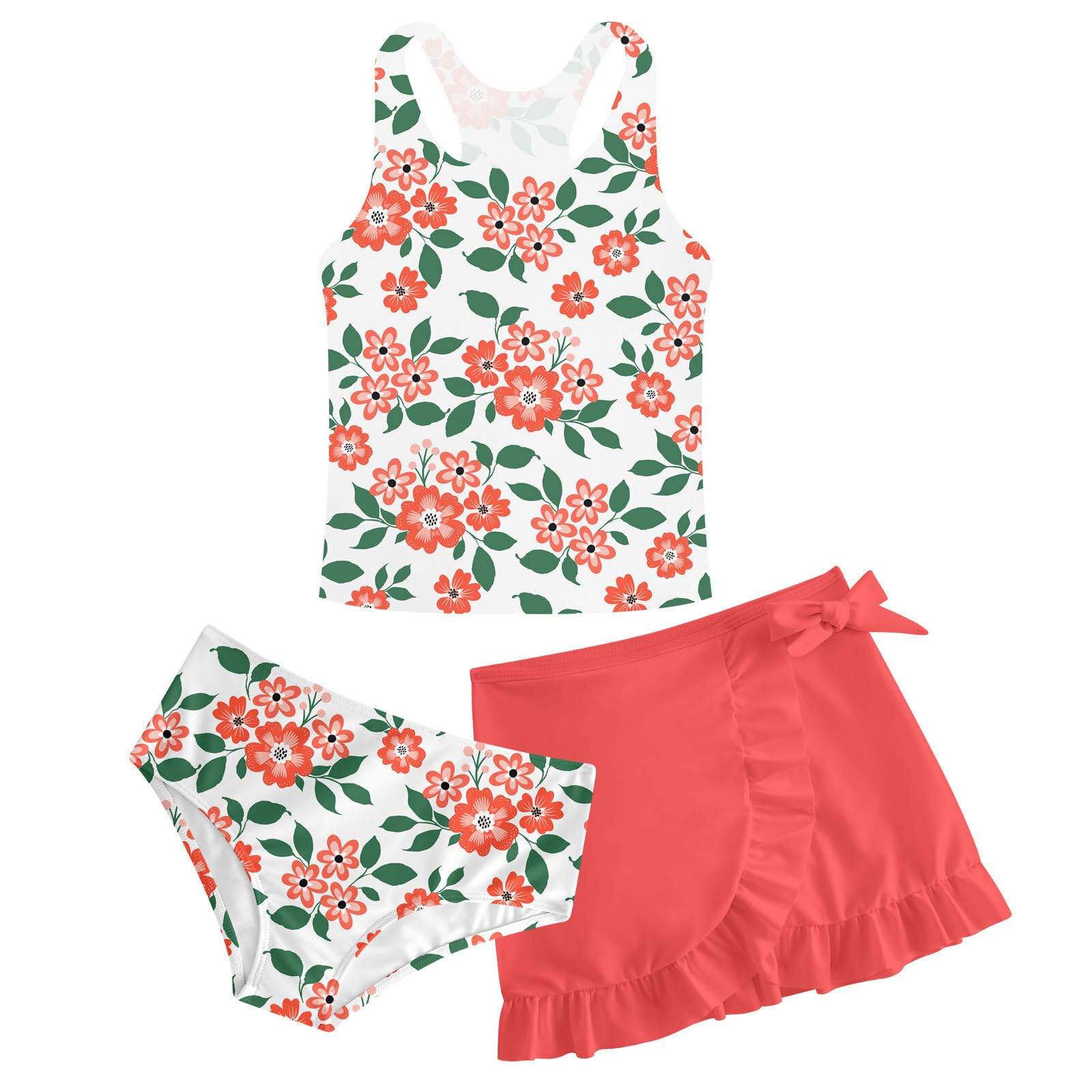 Girls Swimsuit 3pc Bathing Suit Tankini Set with Skirt 5-14 Years