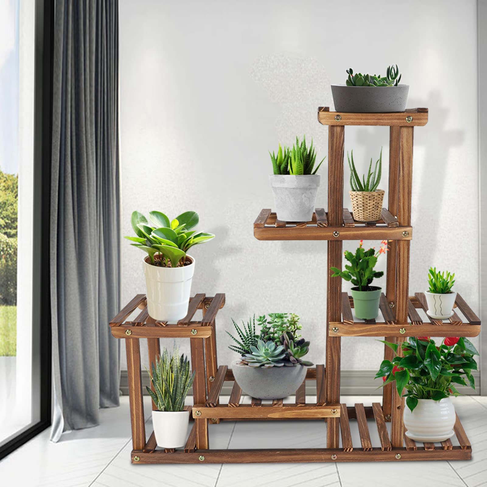 Estantería para flores, estantería de madera para jardín, soporte de flores de varios niveles, escalera para plantas, balcón, escalera, exterior, estantería de madera para interior, balcón, salón,