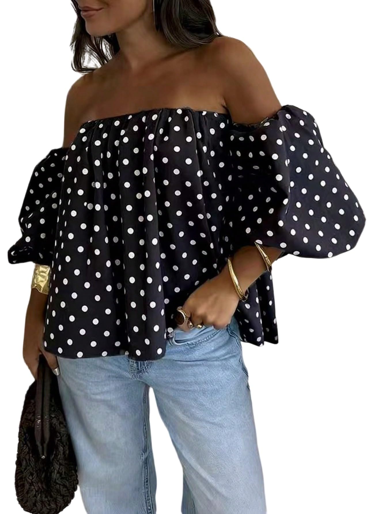 GORGLITTER Camicetta da donna con spalle scoperte, estiva, con motivo a pois, maniche a sbuffo, per il tempo libero