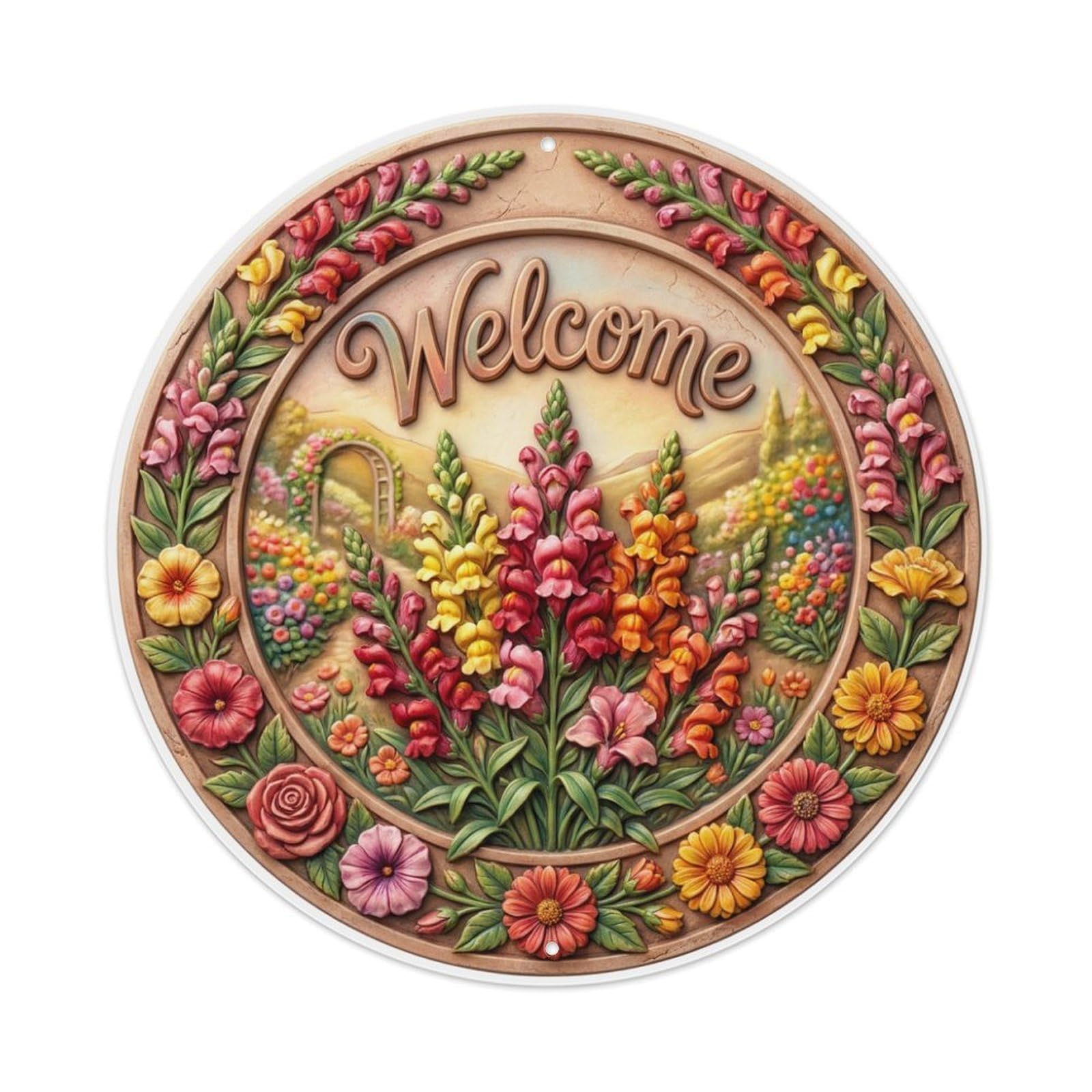 Metal Tin Sign Snapdragon Garden Welcome Colorful Spikes