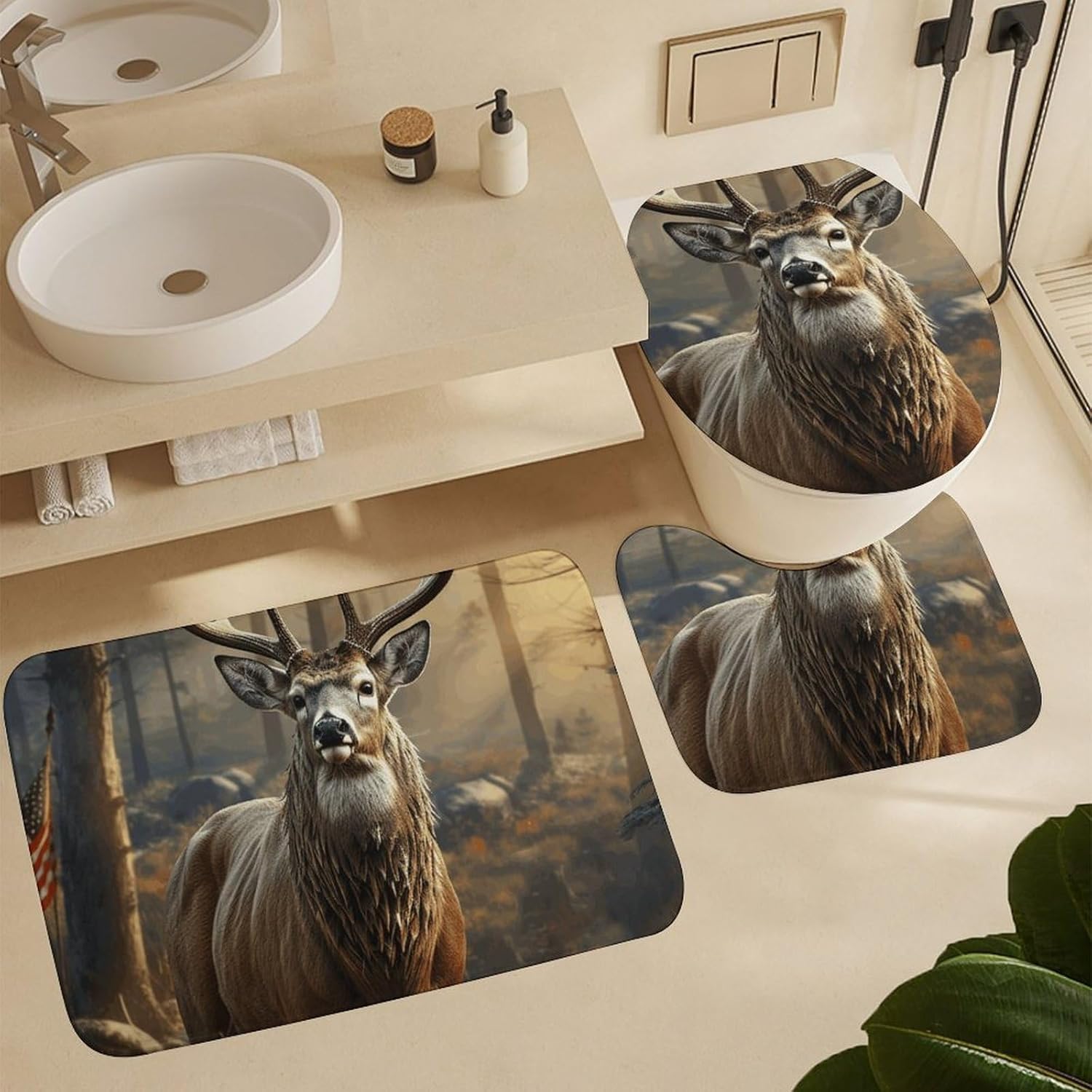 Deer Hunting Season Shower Curtain Set 4 Piece, Non-Slip Bath Mat with Toilet Lid Cover and Waterproof Shower Curtain with 12 Hooks, Complete Bathroom Set for Home Decor
