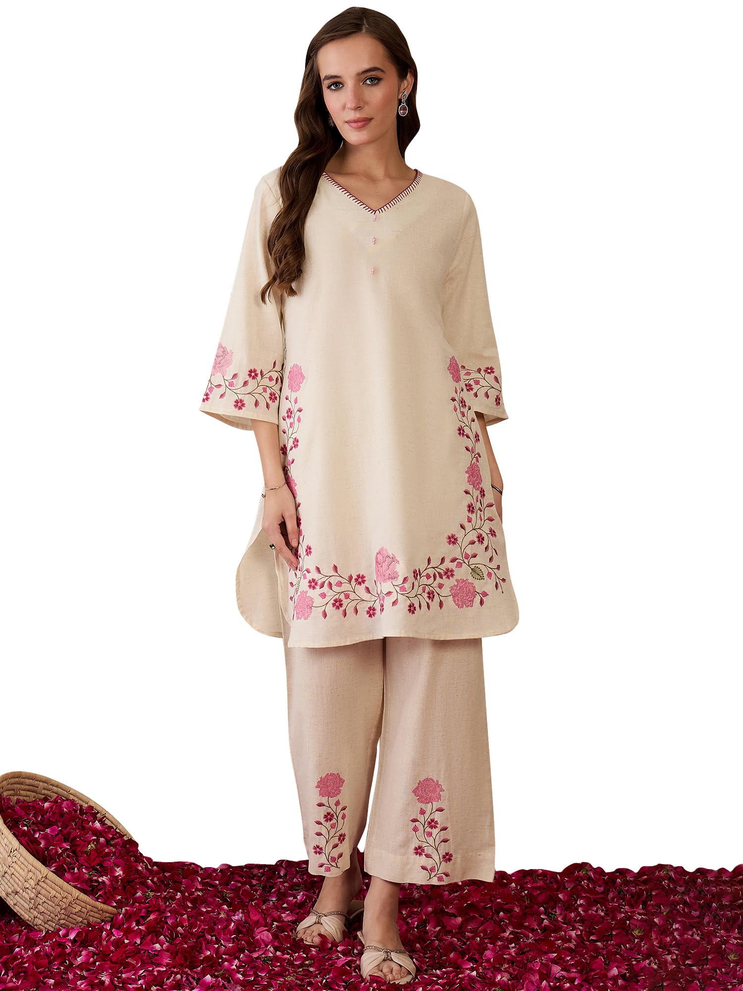 indo era Women's Pure Cotton Embroidered Straight Kurta & Palazzo Set (KS0OW9929)-picture-27