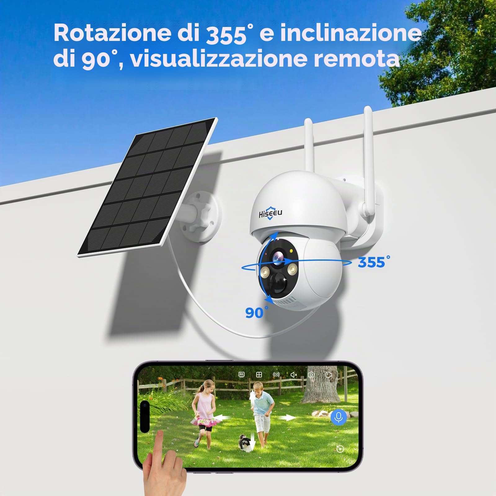 Hiseeu 2K Telecamera Wi-Fi Esterno Senza Fili Solare, Visione Notturna a Colori, 4MP 2.4G/5G WiFi 360 PTZ Telecamera con Pannello Solare, Rilevazione di Movimento PIR, Allarme APP Compatibile Kit
